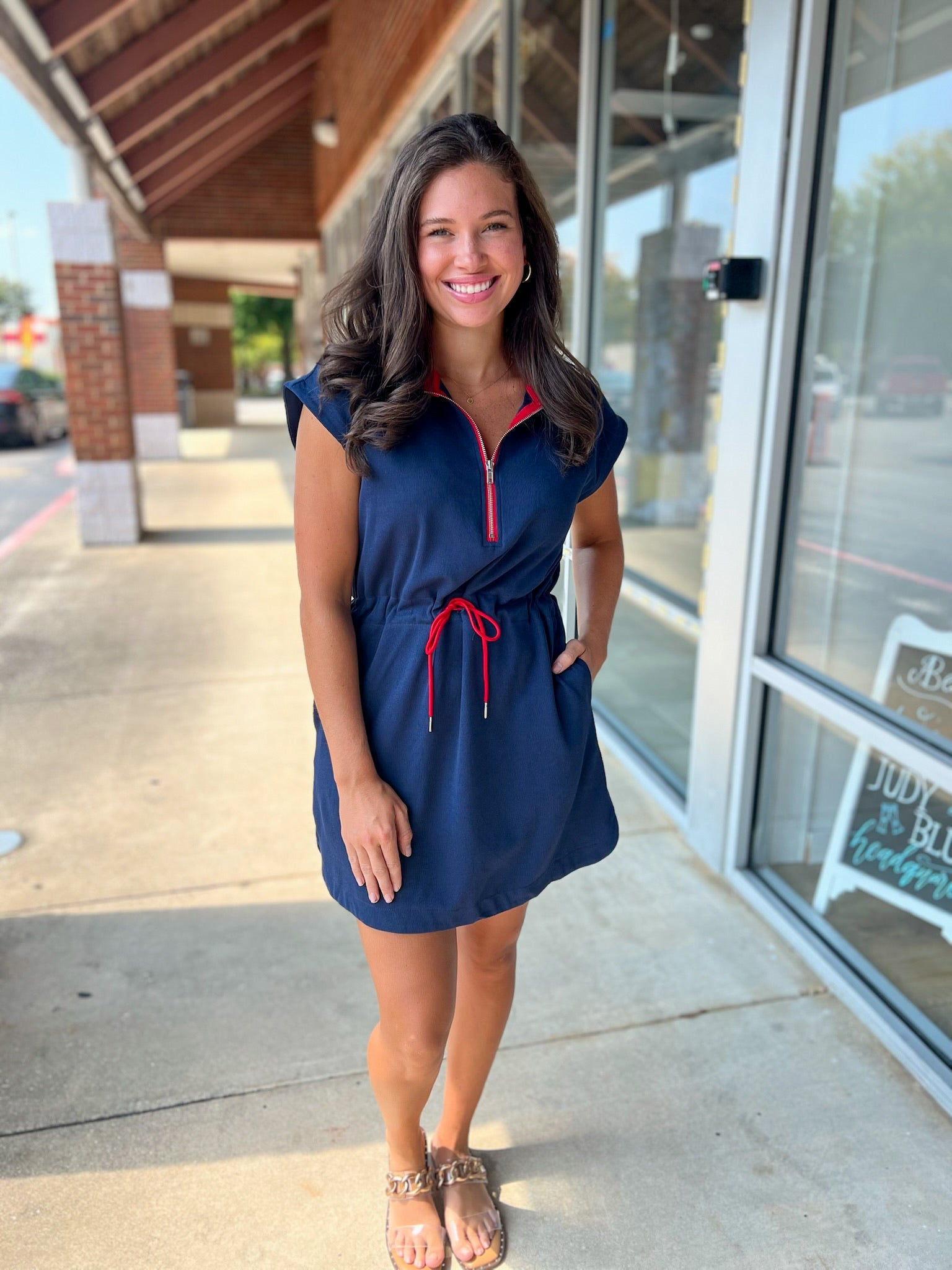 Navy Drawstring Waist Short Sleeve Dress with Red Details - A'Bekah's Boutique