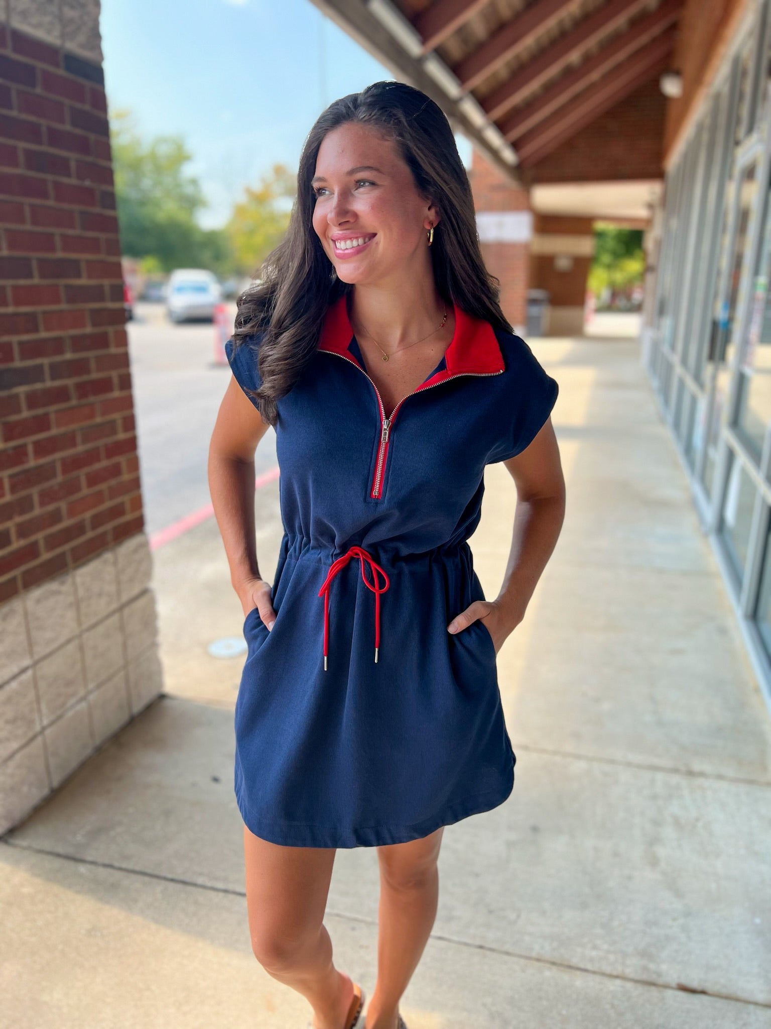 Navy Drawstring Waist Short Sleeve Dress with Red Details - A'Bekah's Boutique