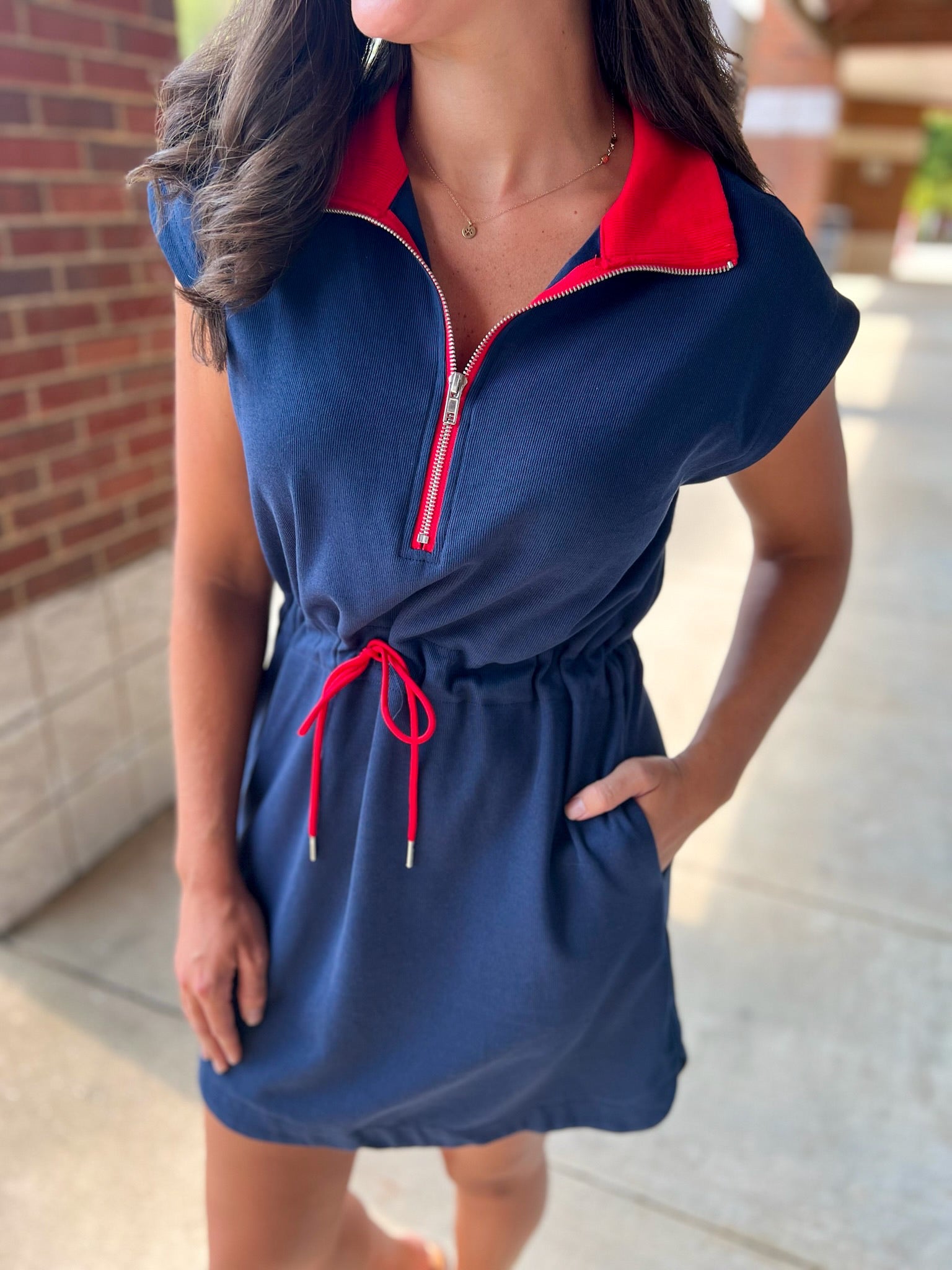 Navy Drawstring Waist Short Sleeve Dress with Red Details - A'Bekah's Boutique