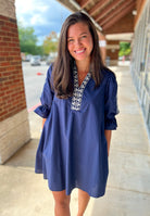 Navy Embroidered 3/4 Puff Sleeve Dress - A'Bekah's Boutique