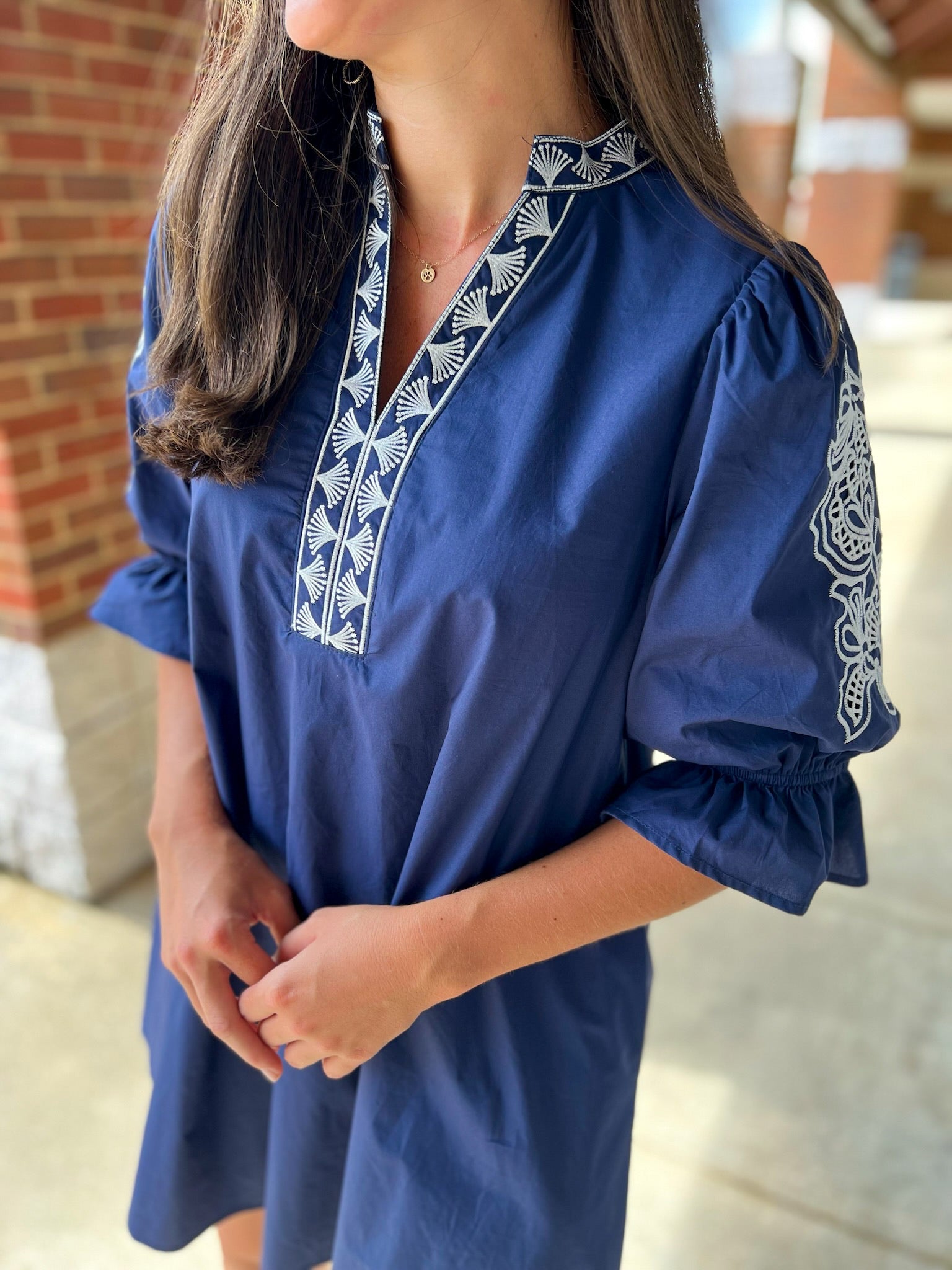 Navy Embroidered 3/4 Puff Sleeve Dress - A'Bekah's Boutique