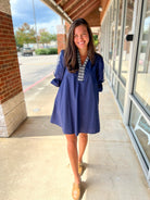 Navy Embroidered 3/4 Puff Sleeve Dress - A'Bekah's Boutique