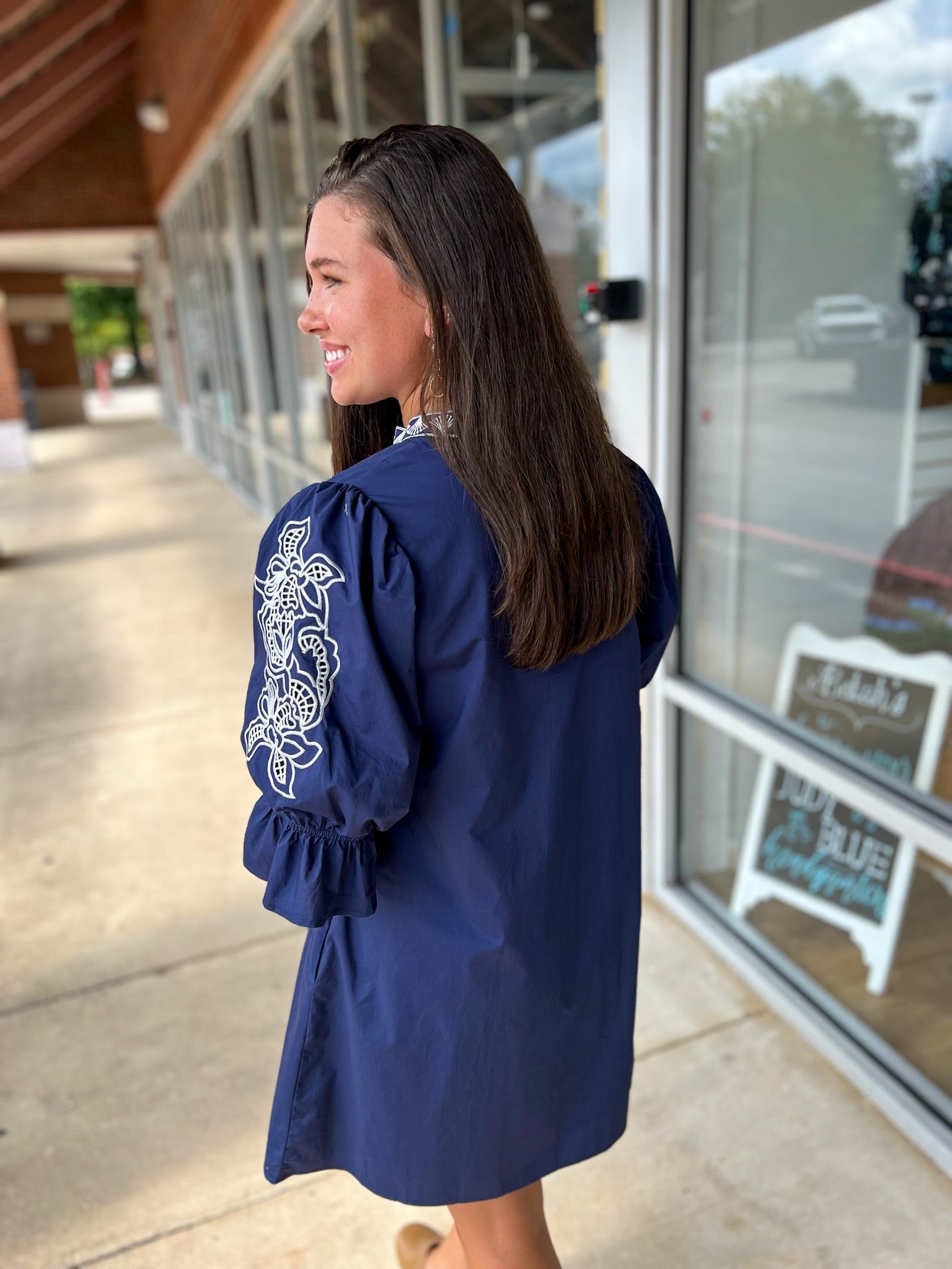 Navy Embroidered 3/4 Puff Sleeve Dress - A'Bekah's Boutique