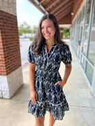 Navy Embroidered Short Sleeve V - Neck Dress - A'Bekah's Boutique