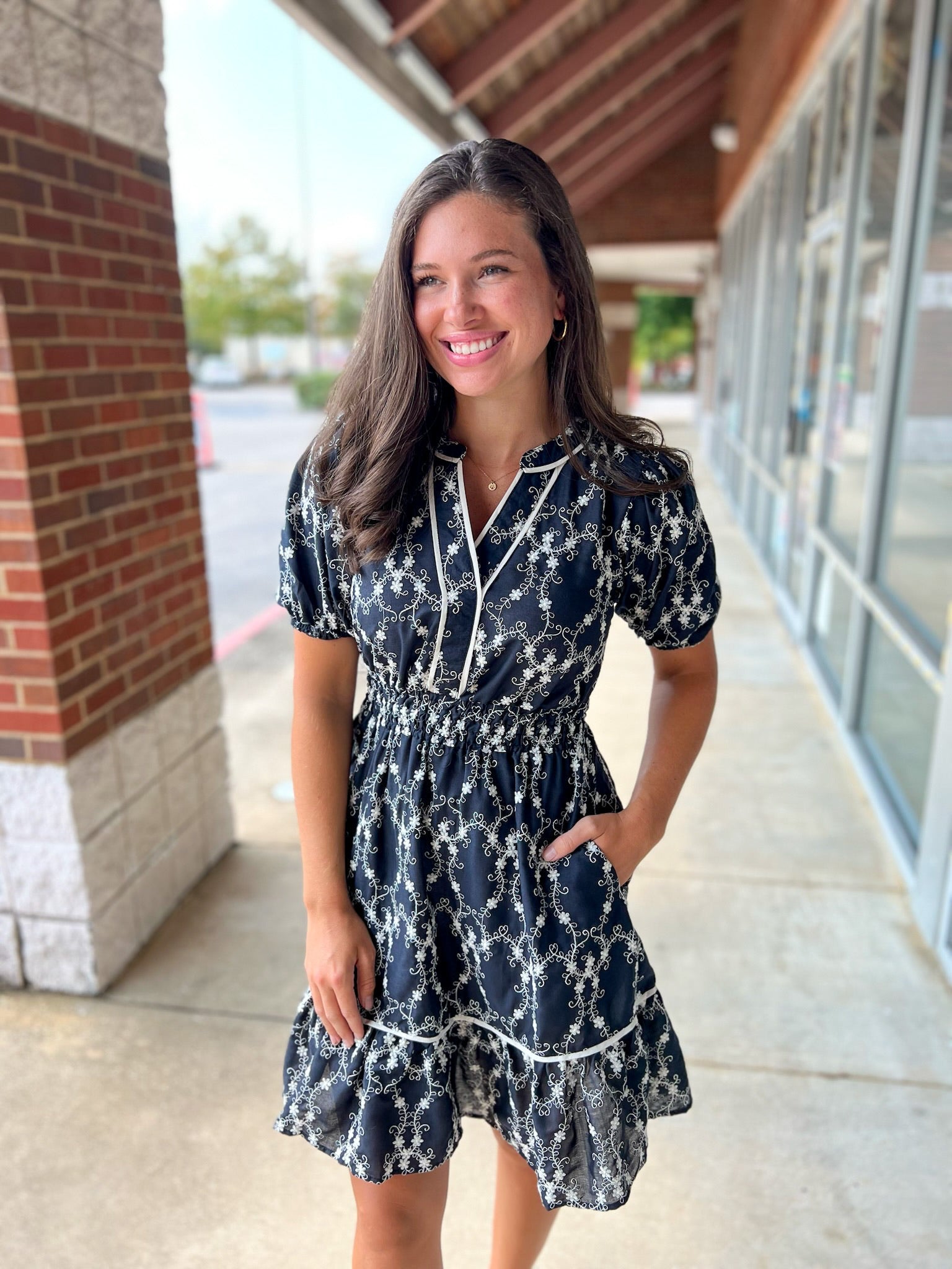 Navy Embroidered Short Sleeve V - Neck Dress - A'Bekah's Boutique