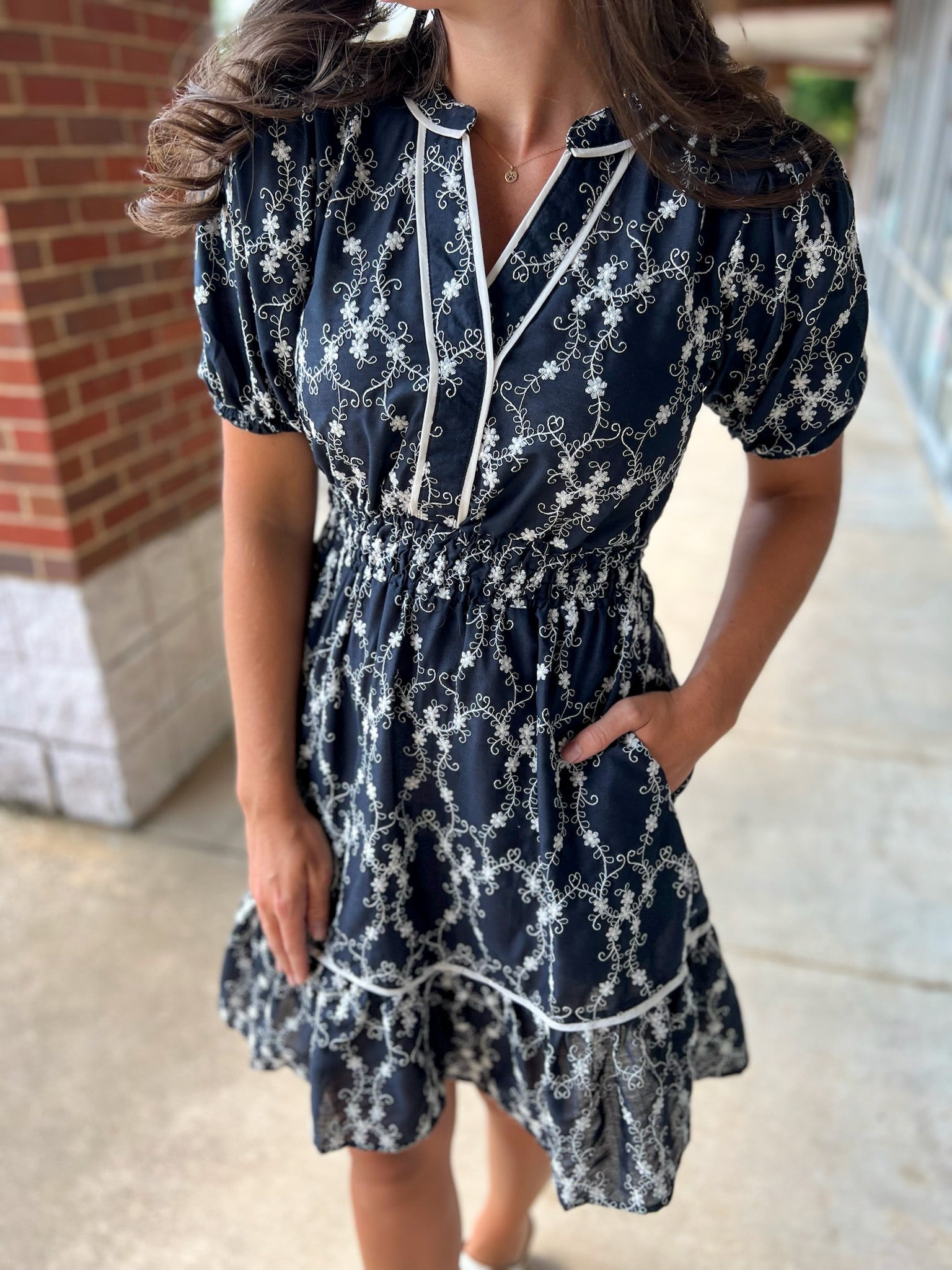 Navy Embroidered Short Sleeve V - Neck Dress - A'Bekah's Boutique