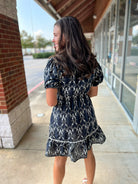 Navy Embroidered Short Sleeve V - Neck Dress - A'Bekah's Boutique