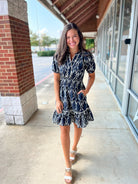 Navy Embroidered Short Sleeve V - Neck Dress - A'Bekah's Boutique