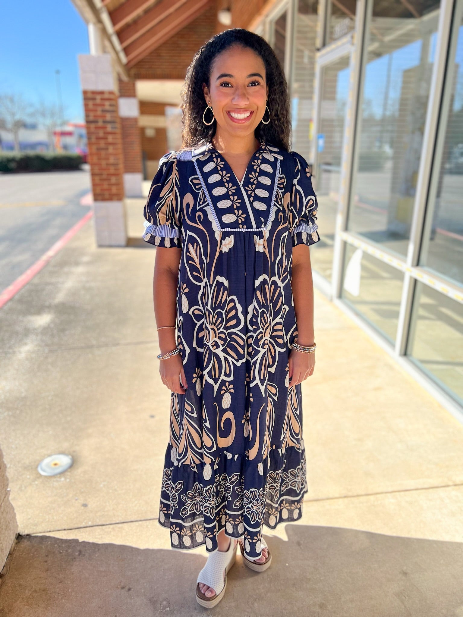 Navy Floral Border Print V - Neck Tiered Midi Dress - A'Bekah's Boutique