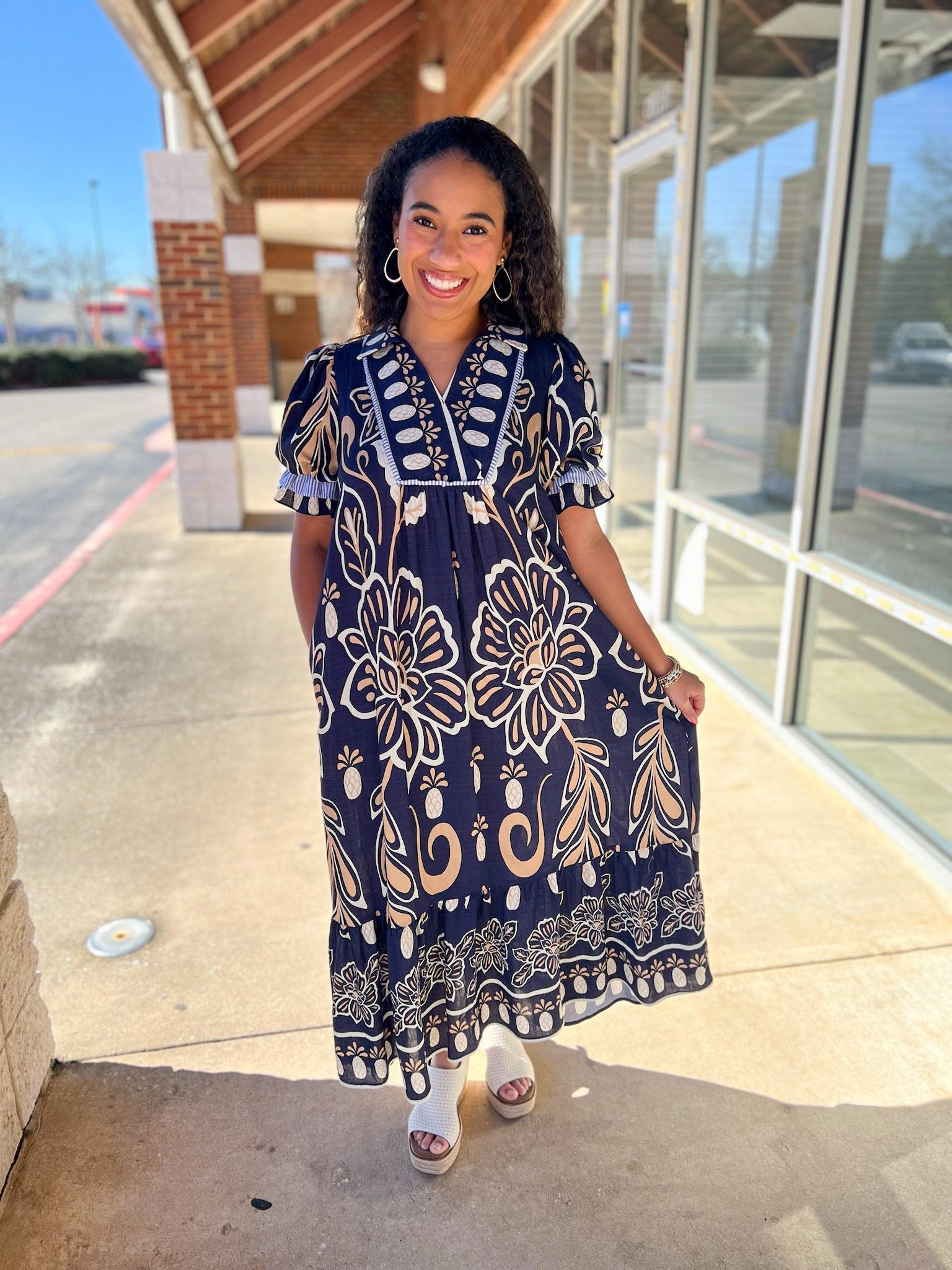 Navy Floral Border Print V - Neck Tiered Midi Dress - A'Bekah's Boutique