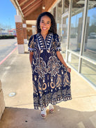 Navy Floral Border Print V - Neck Tiered Midi Dress - A'Bekah's Boutique