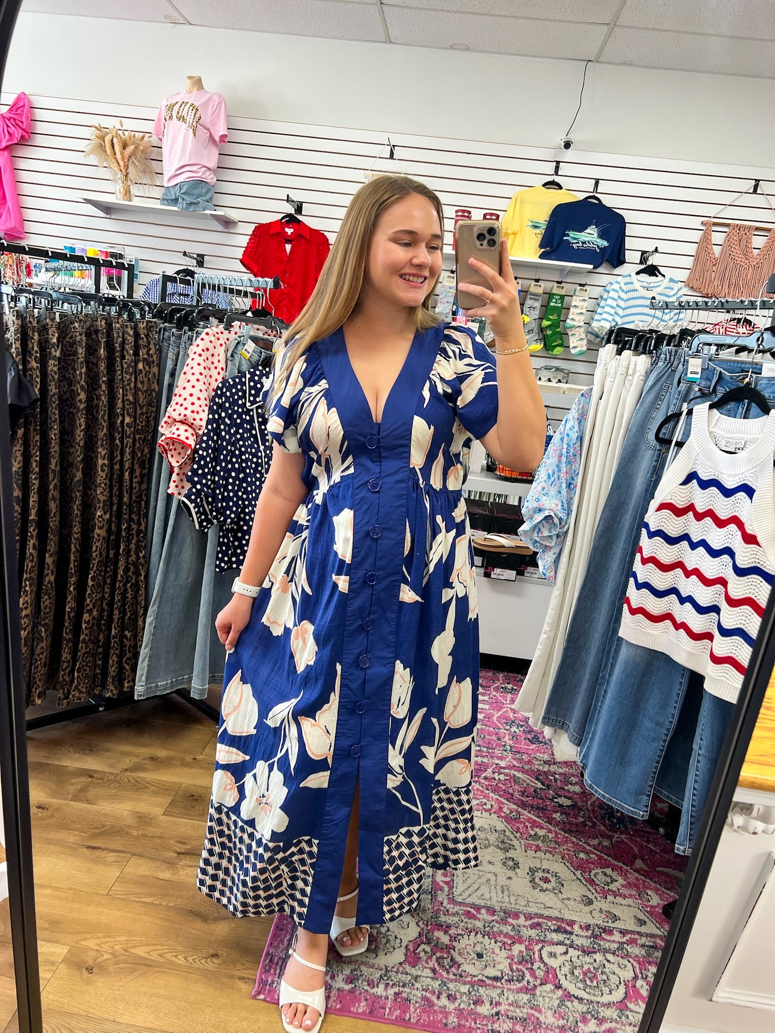 Navy Floral Button Up V-Neck Midi Dress - A'Bekah's Boutique