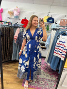 Navy Floral Button Up V-Neck Midi Dress - A'Bekah's Boutique