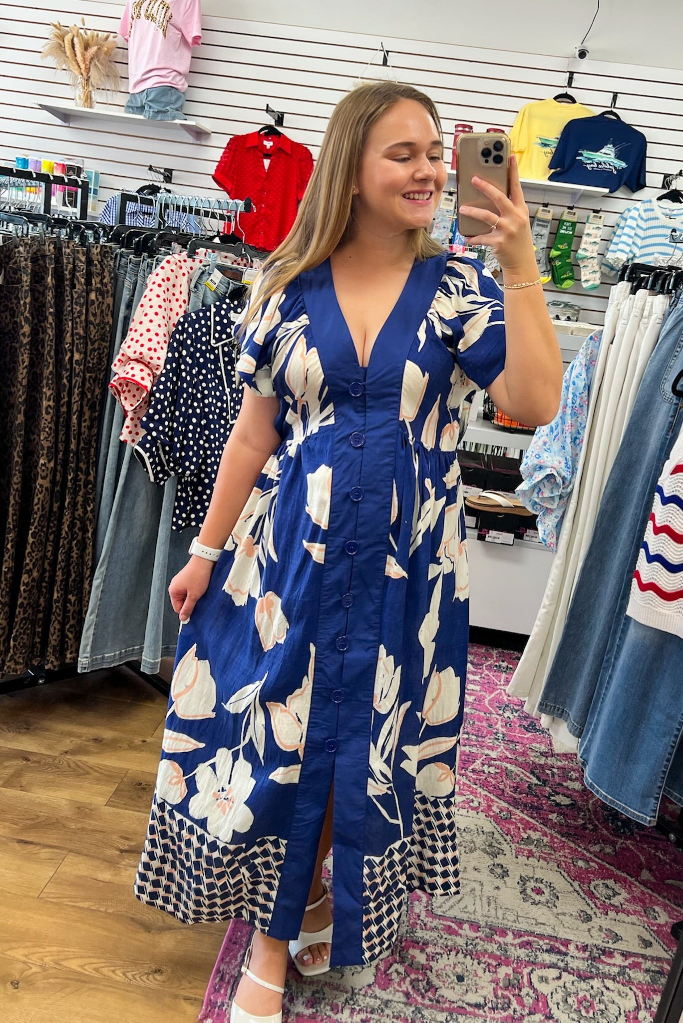 Navy Floral Button Up V-Neck Midi Dress - A'Bekah's Boutique