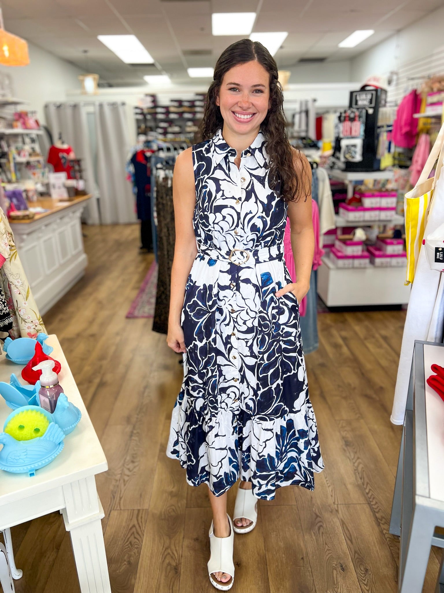Navy Floral Midi Dress with Tie Waist - A'Bekah's Boutique