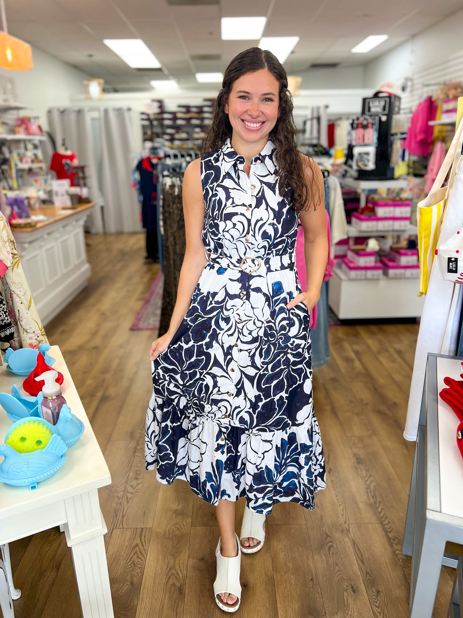 Navy Floral Midi Dress with Tie Waist - A'Bekah's Boutique
