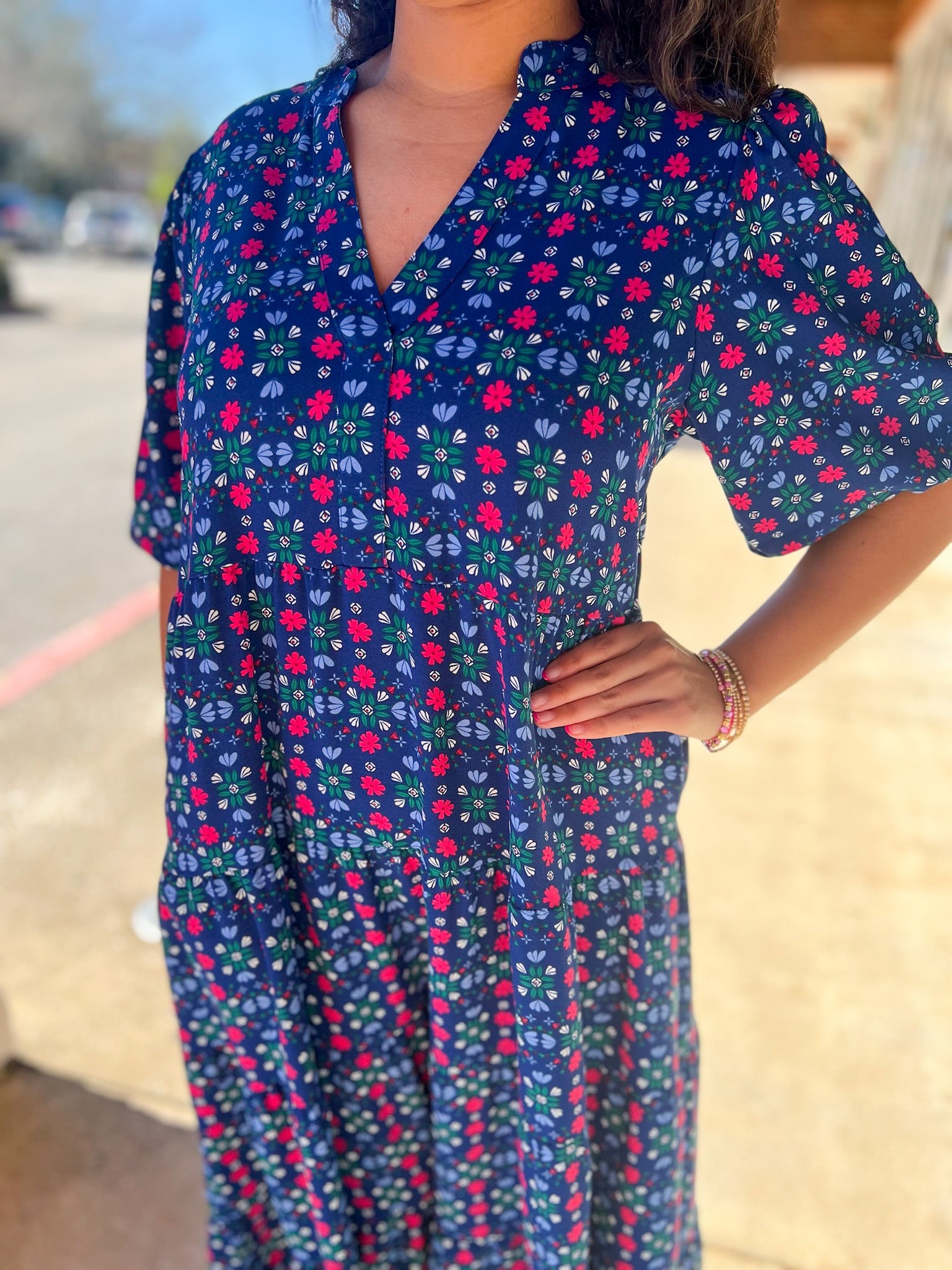 Navy Floral Tiered V - Neck Midi Dress - A'Bekah's Boutique