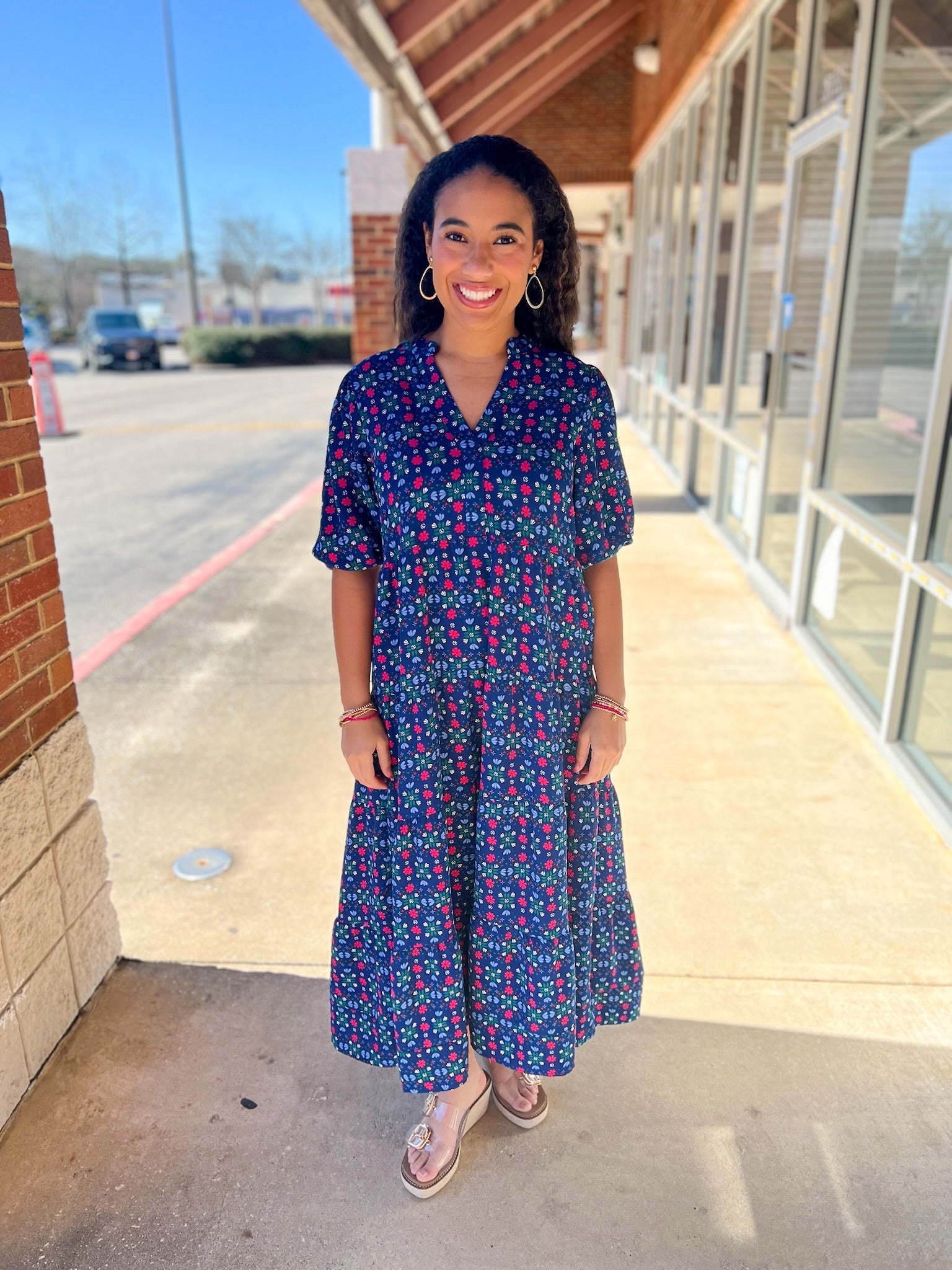 Navy Floral Tiered V - Neck Midi Dress - A'Bekah's Boutique