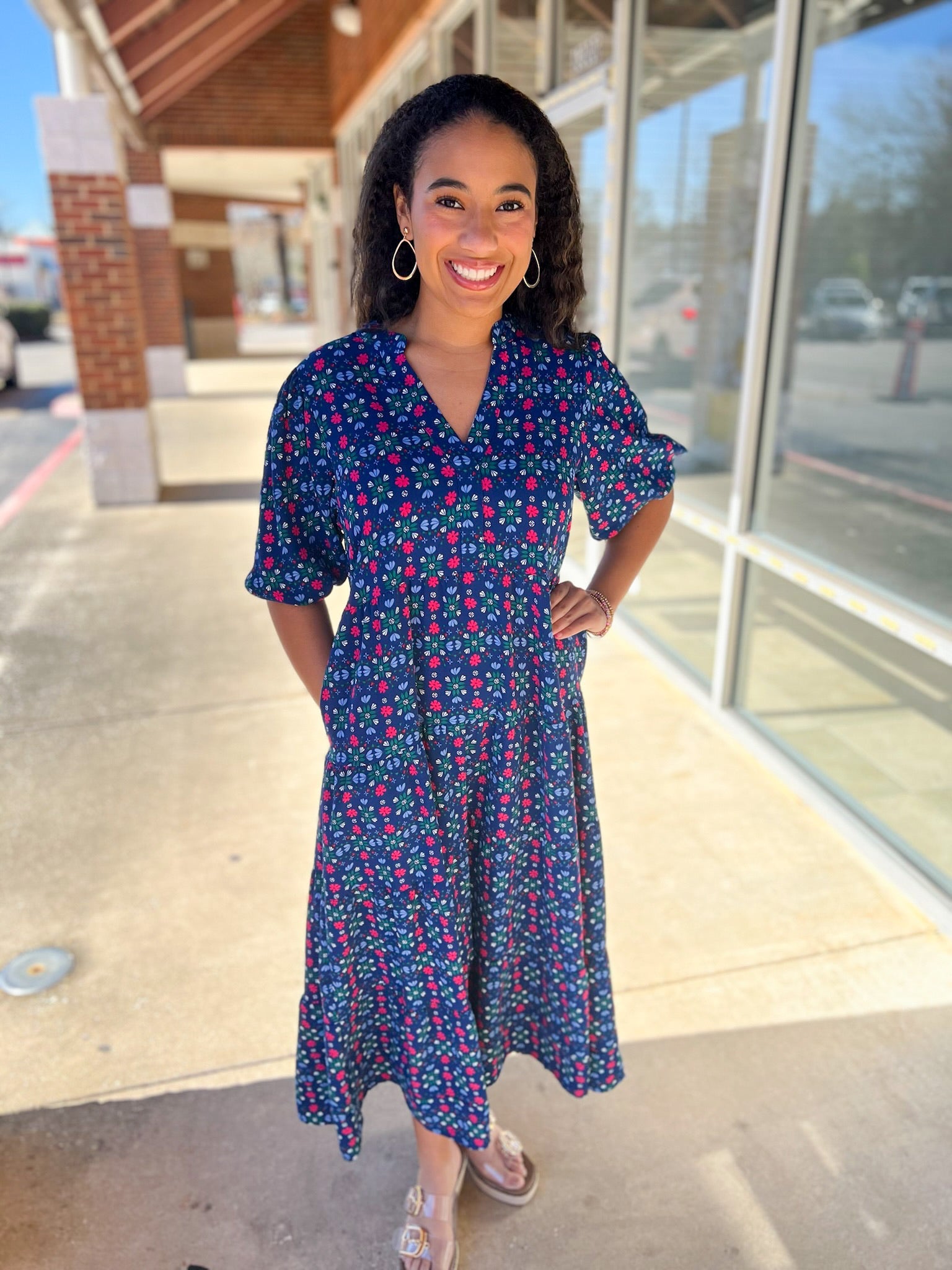 Navy Floral Tiered V - Neck Midi Dress - A'Bekah's Boutique
