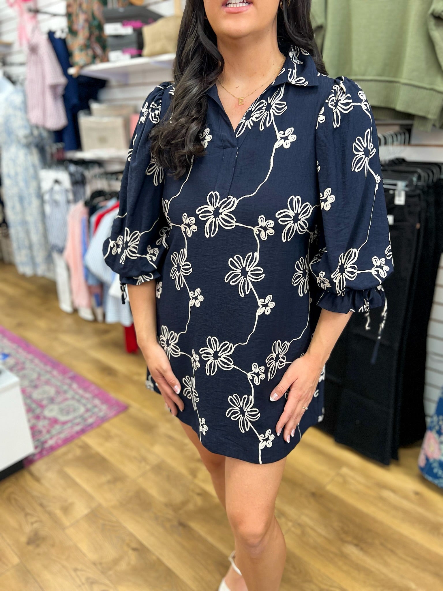 Navy Floral V-Neck Dress with 3/4 Balloon Sleeves - A'Bekah's Boutique