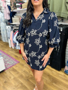 Navy Floral V-Neck Dress with 3/4 Balloon Sleeves - A'Bekah's Boutique