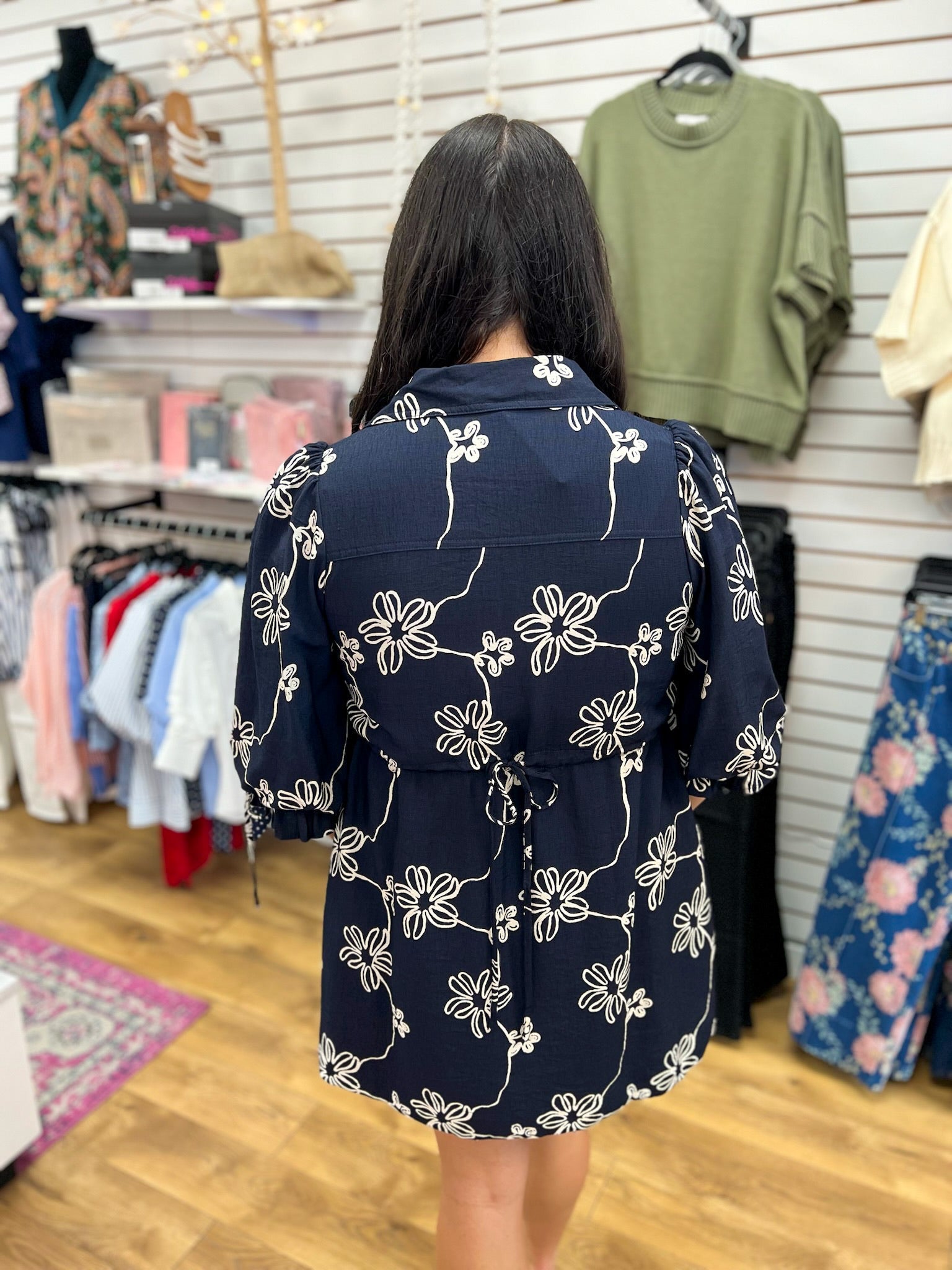 Navy Floral V-Neck Dress with 3/4 Balloon Sleeves - A'Bekah's Boutique