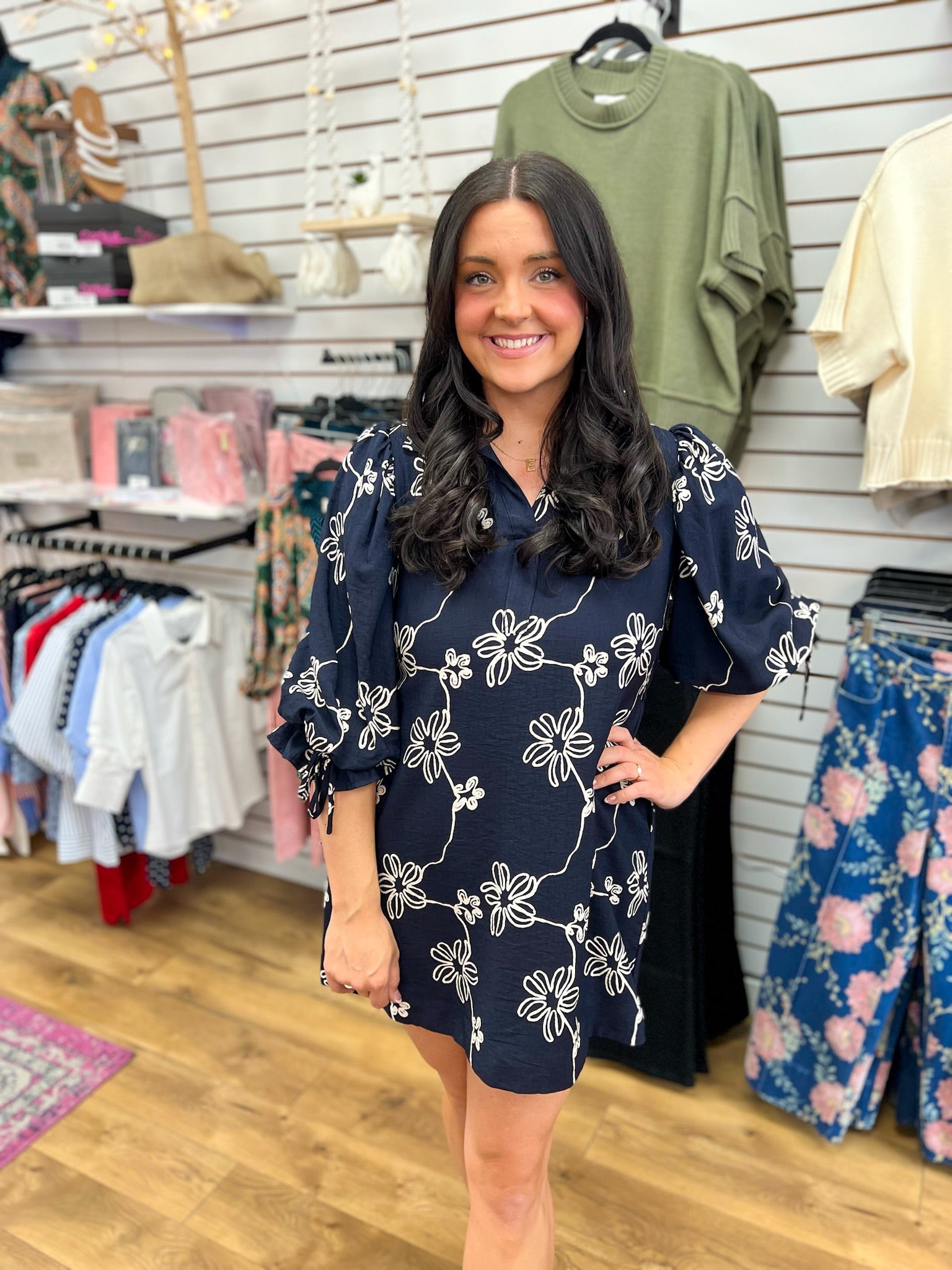 Navy Floral V-Neck Dress with 3/4 Balloon Sleeves - A'Bekah's Boutique