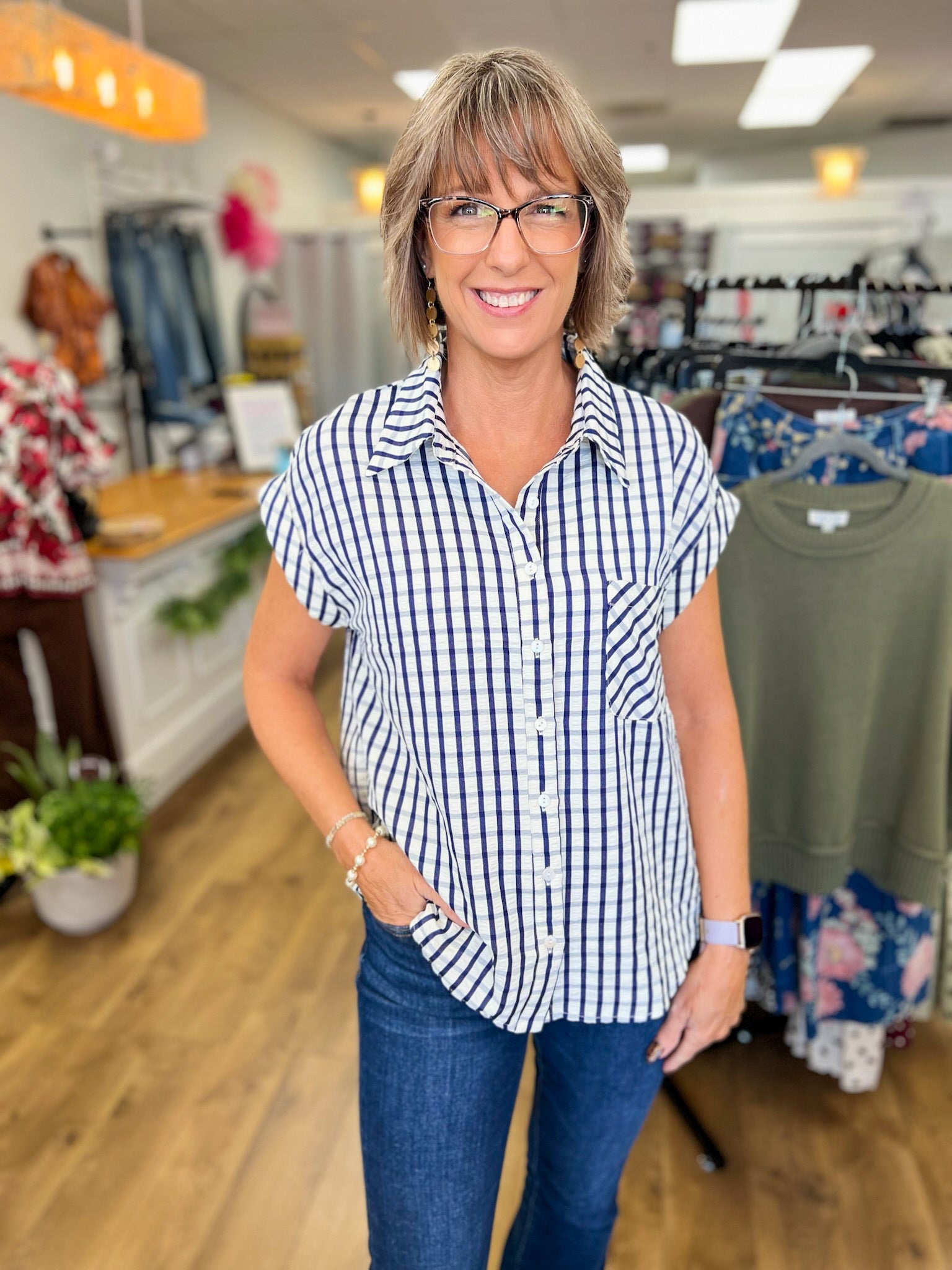 Navy Gingham Cap Sleeve Button Up Top - A'Bekah's Boutique