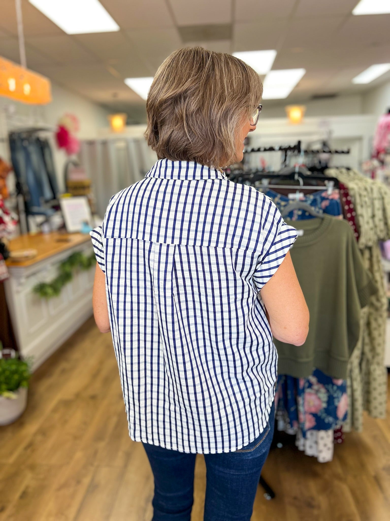 Navy Gingham Cap Sleeve Button Up Top - A'Bekah's Boutique
