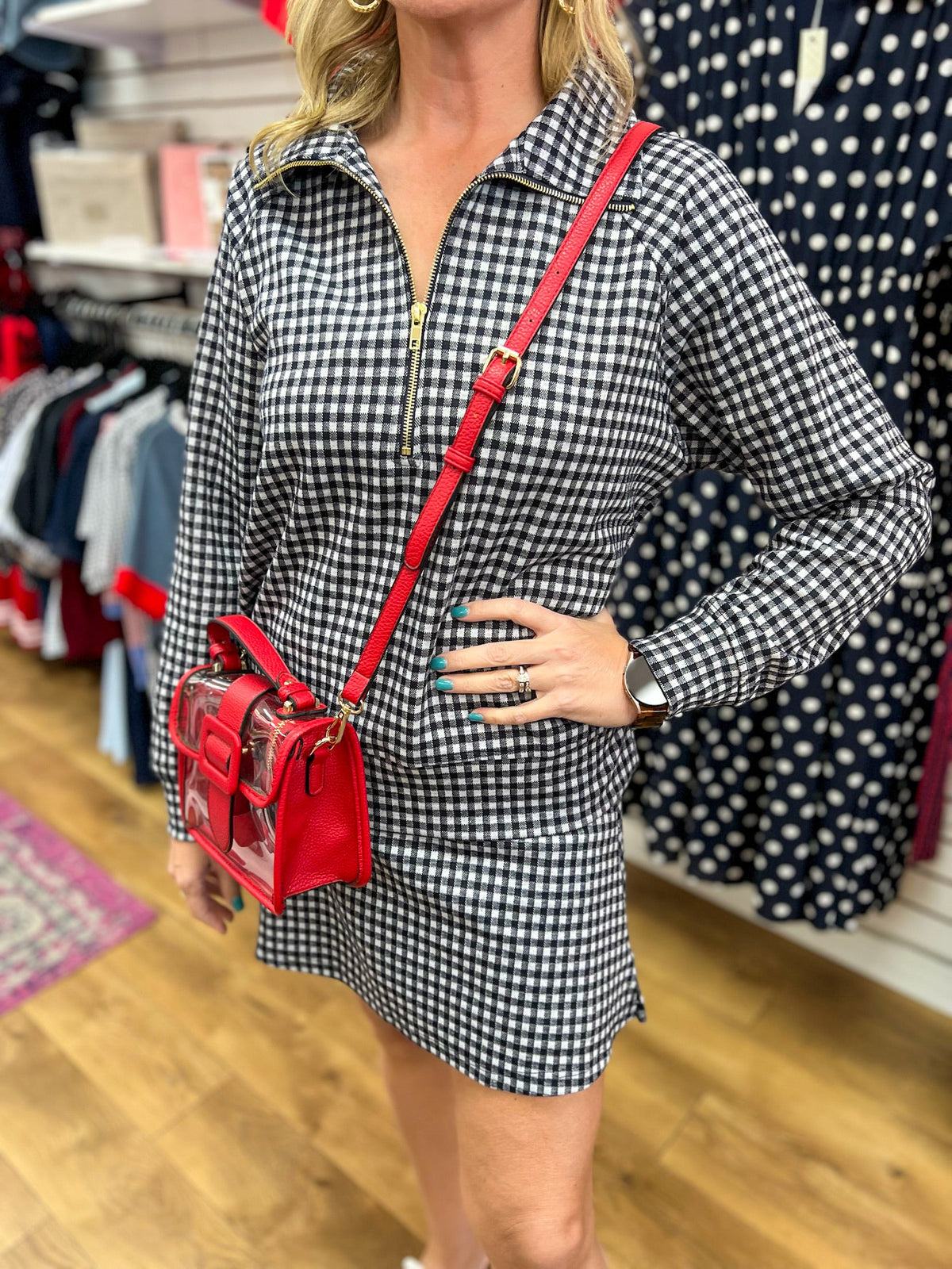 Navy Gingham Long Sleeve Half Zip Skort Set - A'Bekah's Boutique