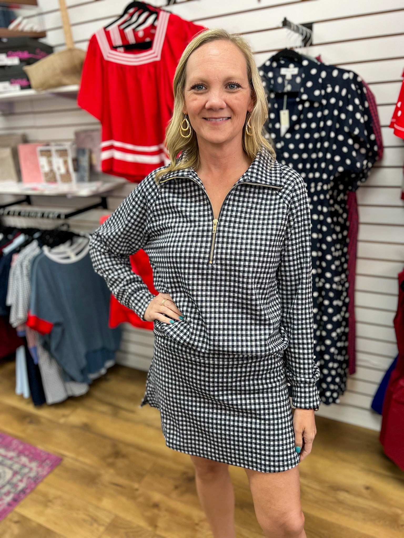 Navy Gingham Long Sleeve Half Zip Skort Set - A'Bekah's Boutique