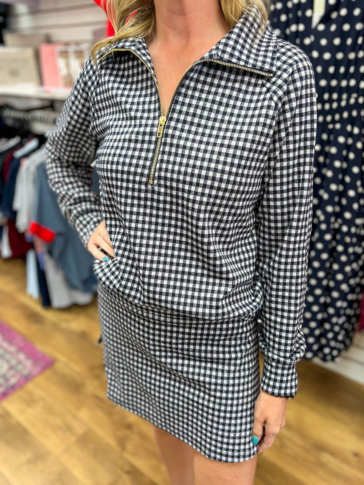 Navy Gingham Long Sleeve Half Zip Skort Set - A'Bekah's Boutique
