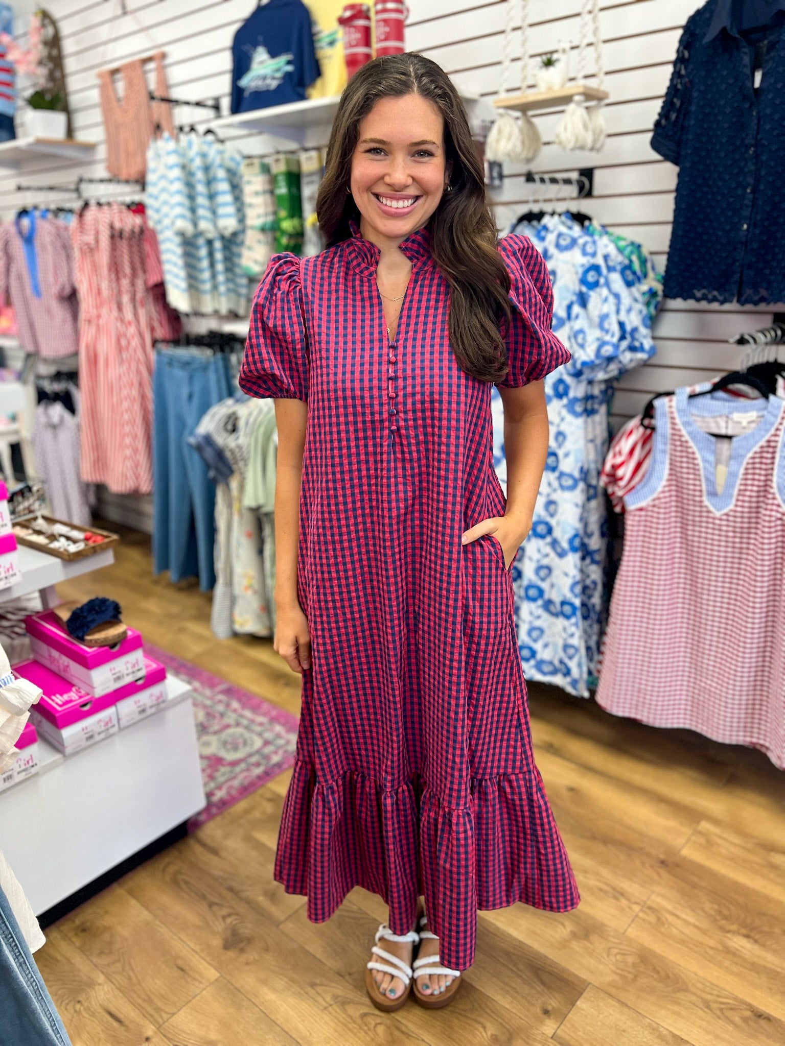 Navy Gingham V-neck Midi Dress with Short Puff Sleeves - A'Bekah's Boutique
