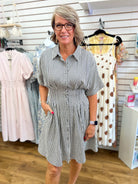 Navy Gingham Waist Pintuck Dress with Pockets - A'Bekah's Boutique
