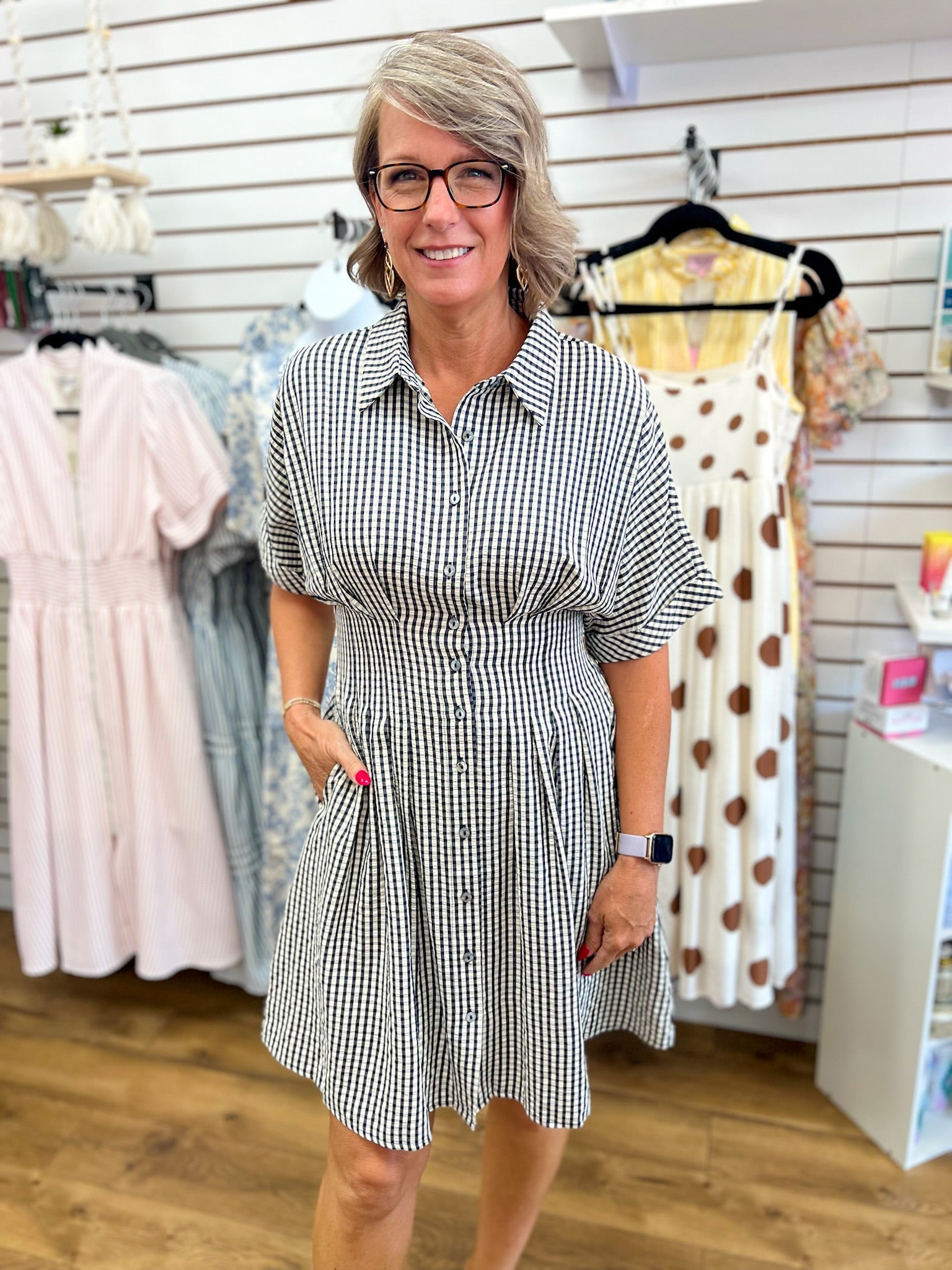 Navy Gingham Waist Pintuck Dress with Pockets - A'Bekah's Boutique