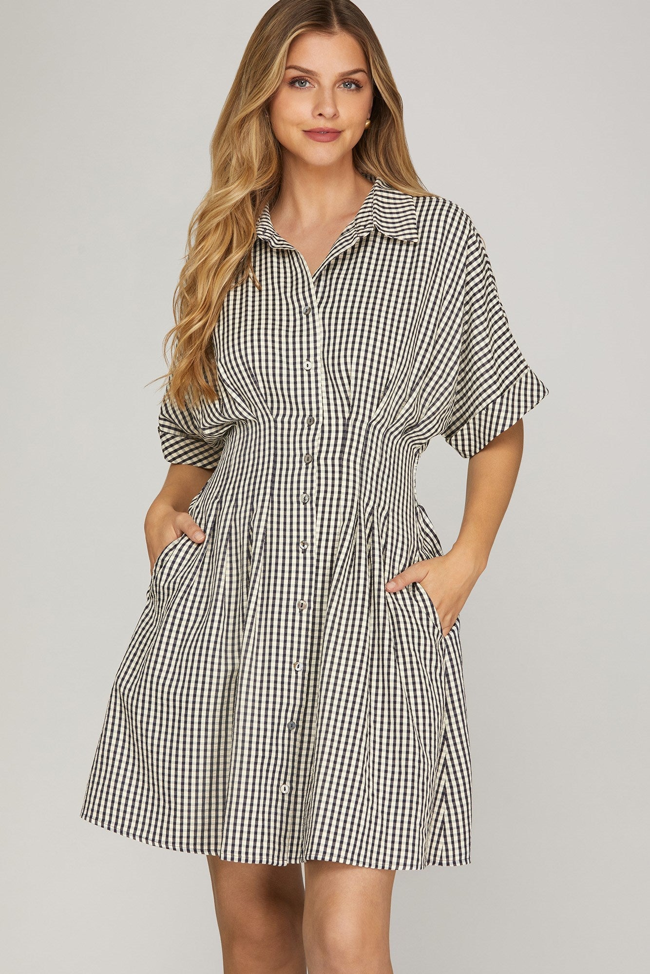 Navy Gingham Waist Pintuck Dress with Pockets - A'Bekah's Boutique