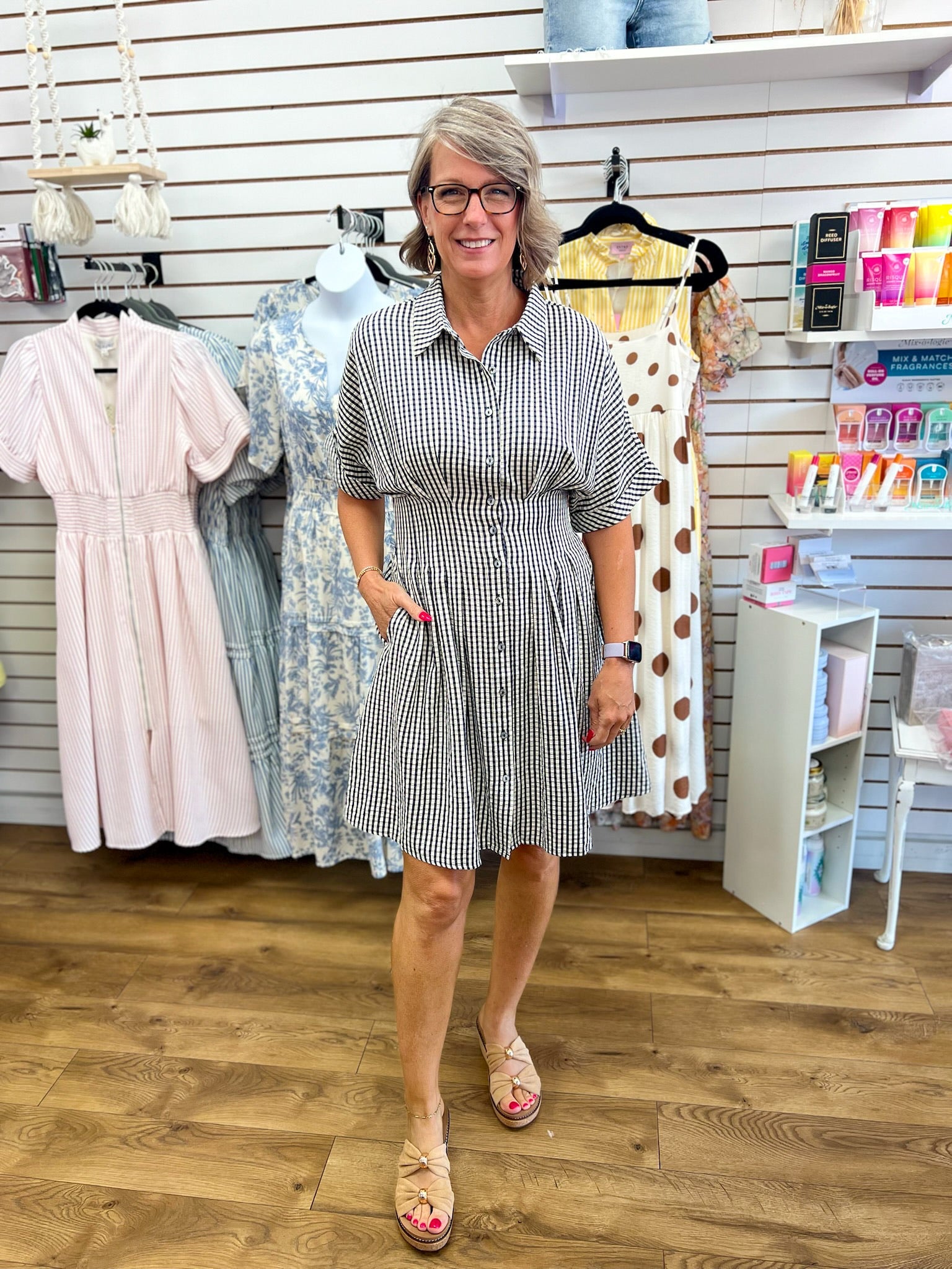 Navy Gingham Waist Pintuck Dress with Pockets - A'Bekah's Boutique