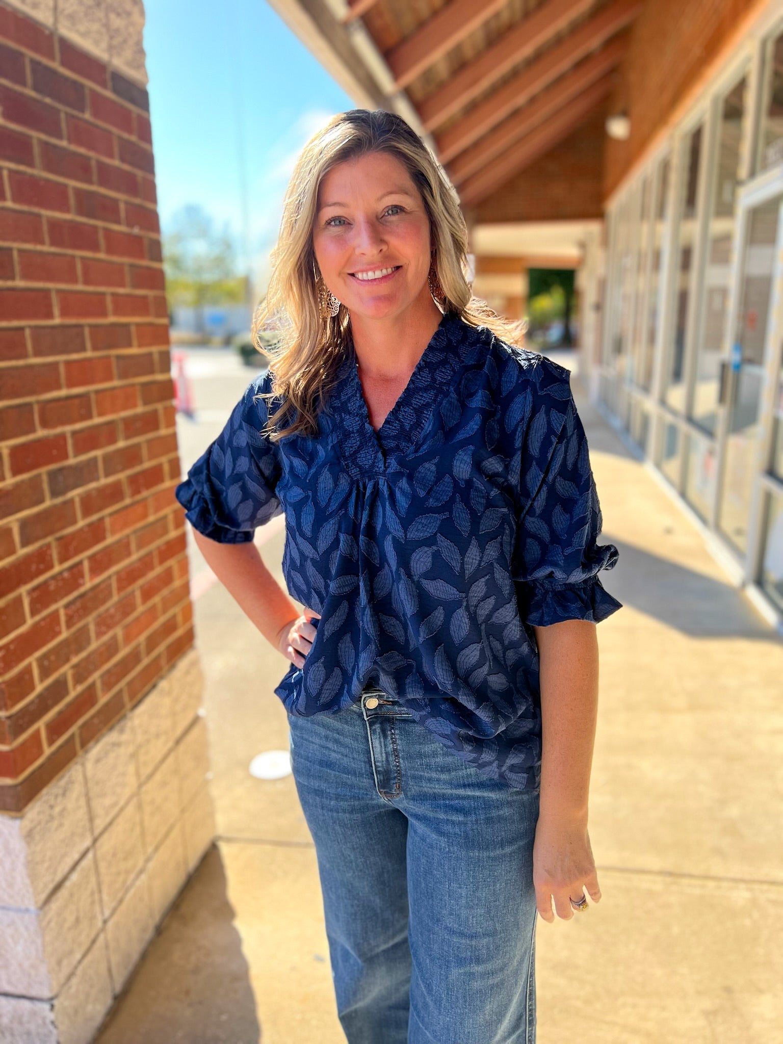 Navy Jacquard V - Neck Top with 3/4 Sleeves (R) - A'Bekah's Boutique