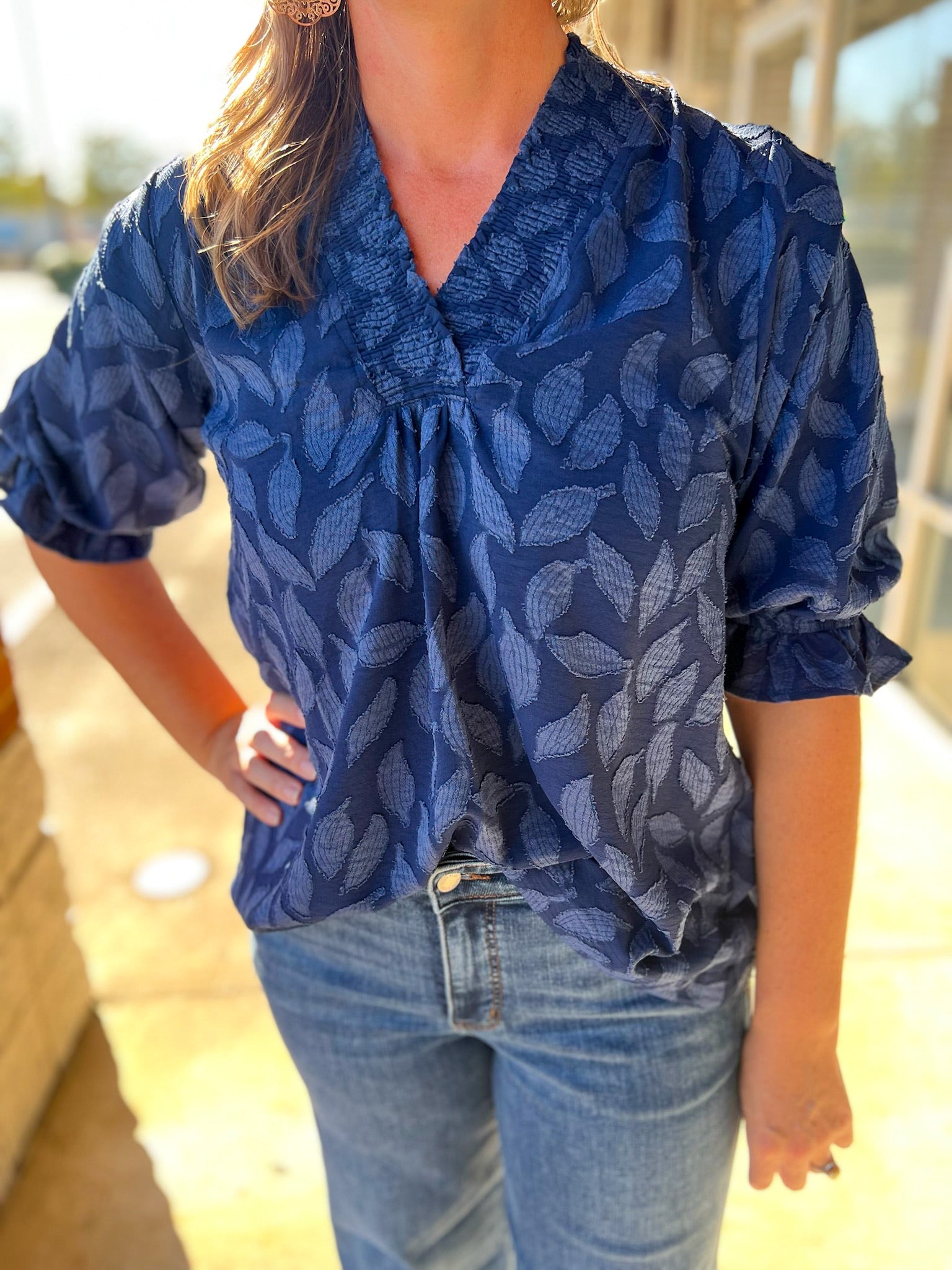 Navy Jacquard V - Neck Top with 3/4 Sleeves (R) - A'Bekah's Boutique