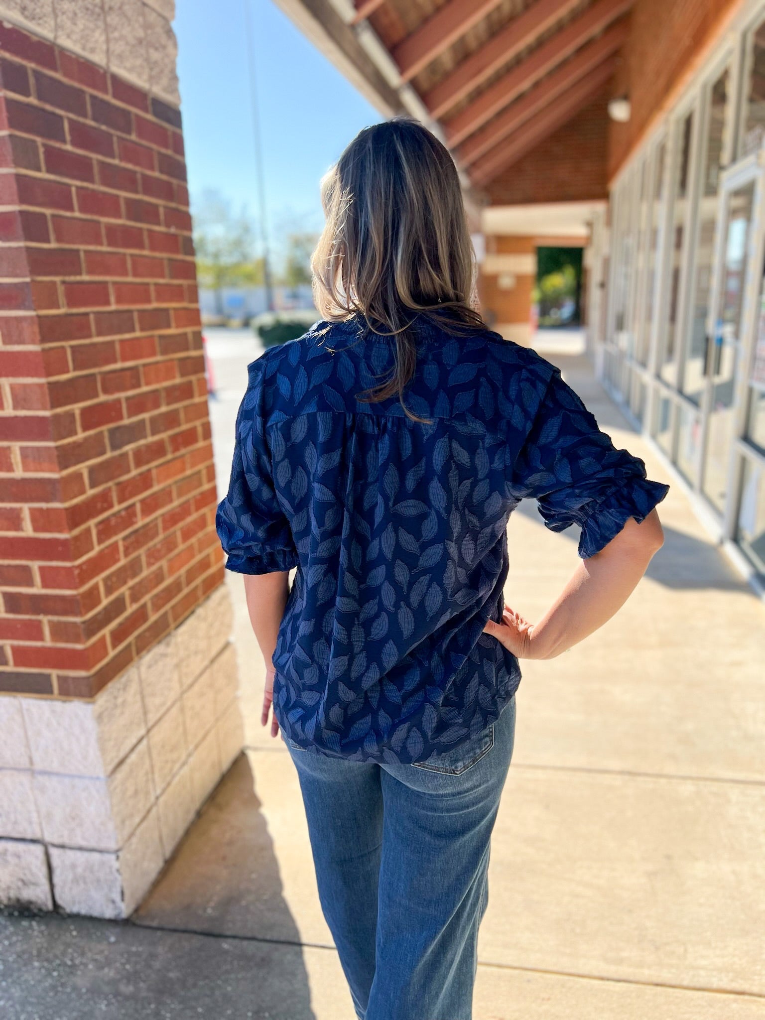 Navy Jacquard V - Neck Top with 3/4 Sleeves (R) - A'Bekah's Boutique