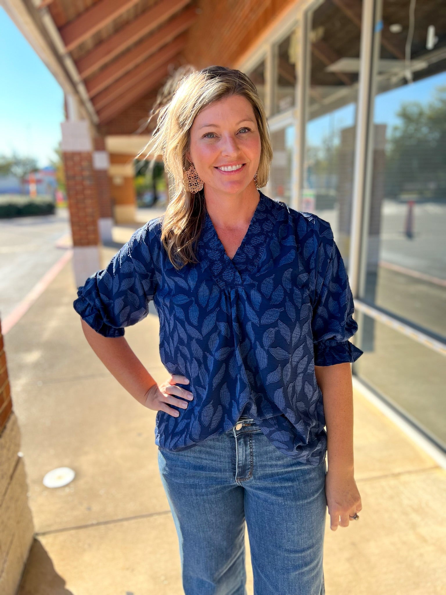 Navy Jacquard V - Neck Top with 3/4 Sleeves (R) - A'Bekah's Boutique