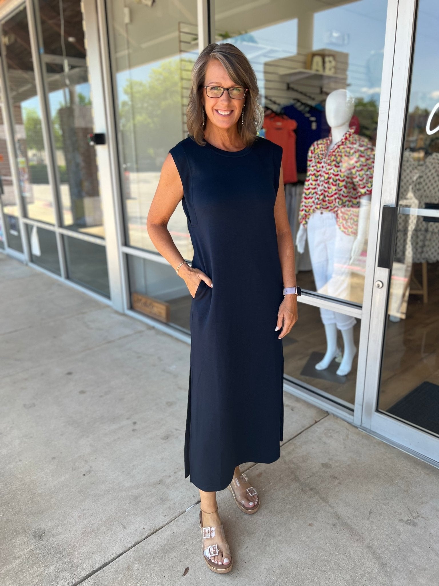 Navy Jersey Knit Midi Dress with Side Slits and Pockets - A'Bekah's Boutique