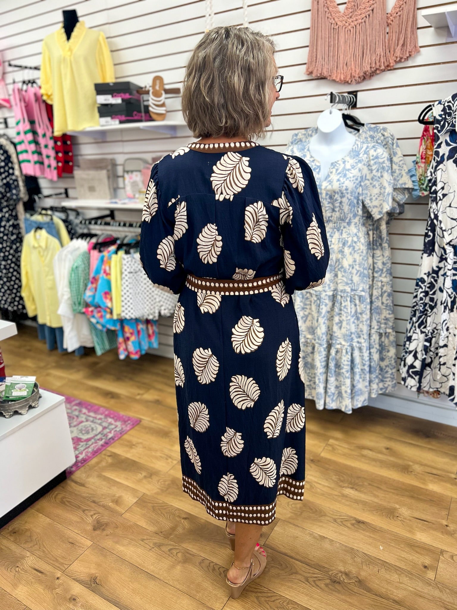 Navy Leaf Print Midi Dress with Tie Belt - A'Bekah's Boutique