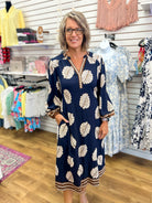 Navy Leaf Print Midi Dress with Tie Belt - A'Bekah's Boutique