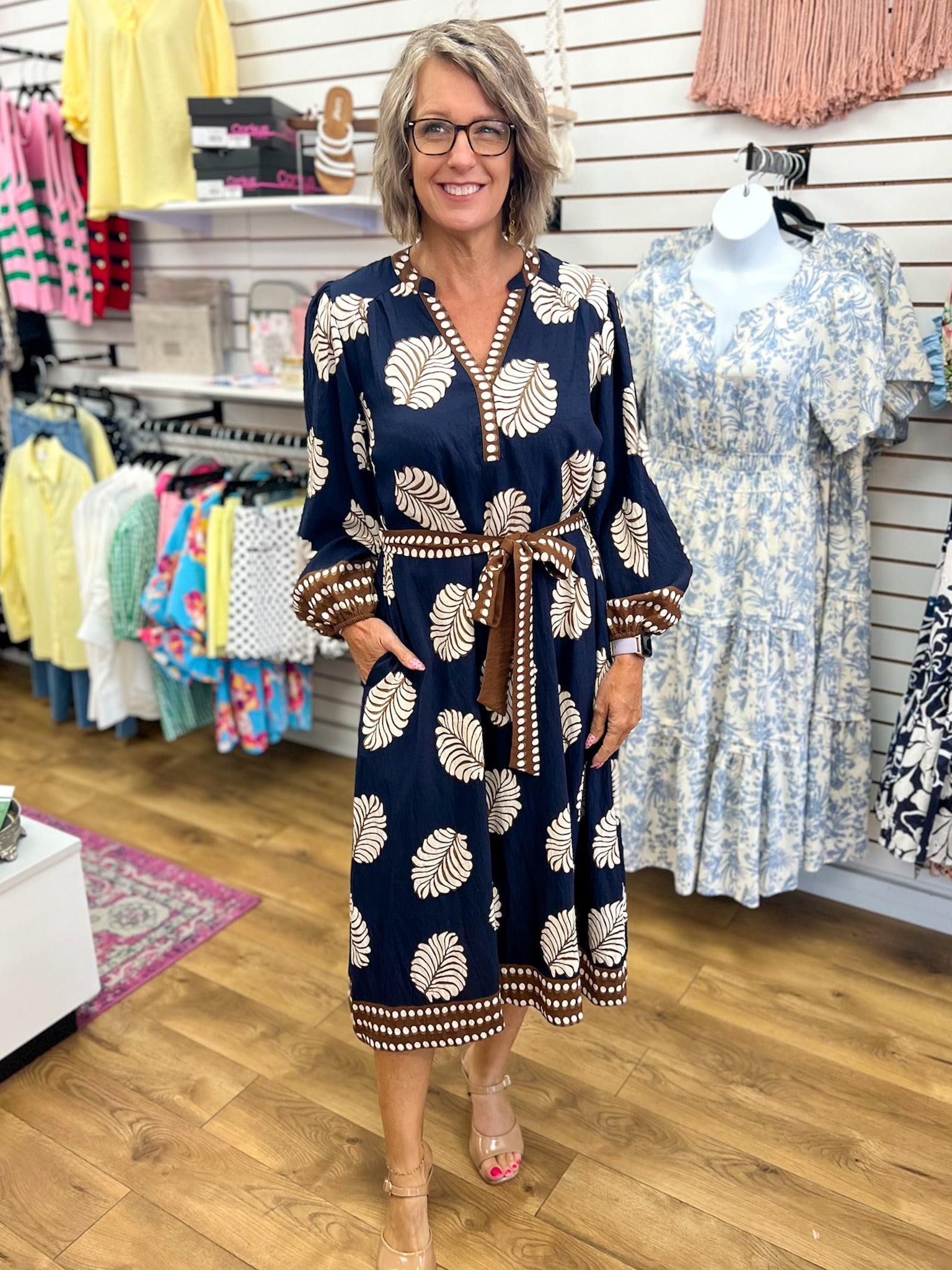 Navy Leaf Print Midi Dress with Tie Belt - A'Bekah's Boutique