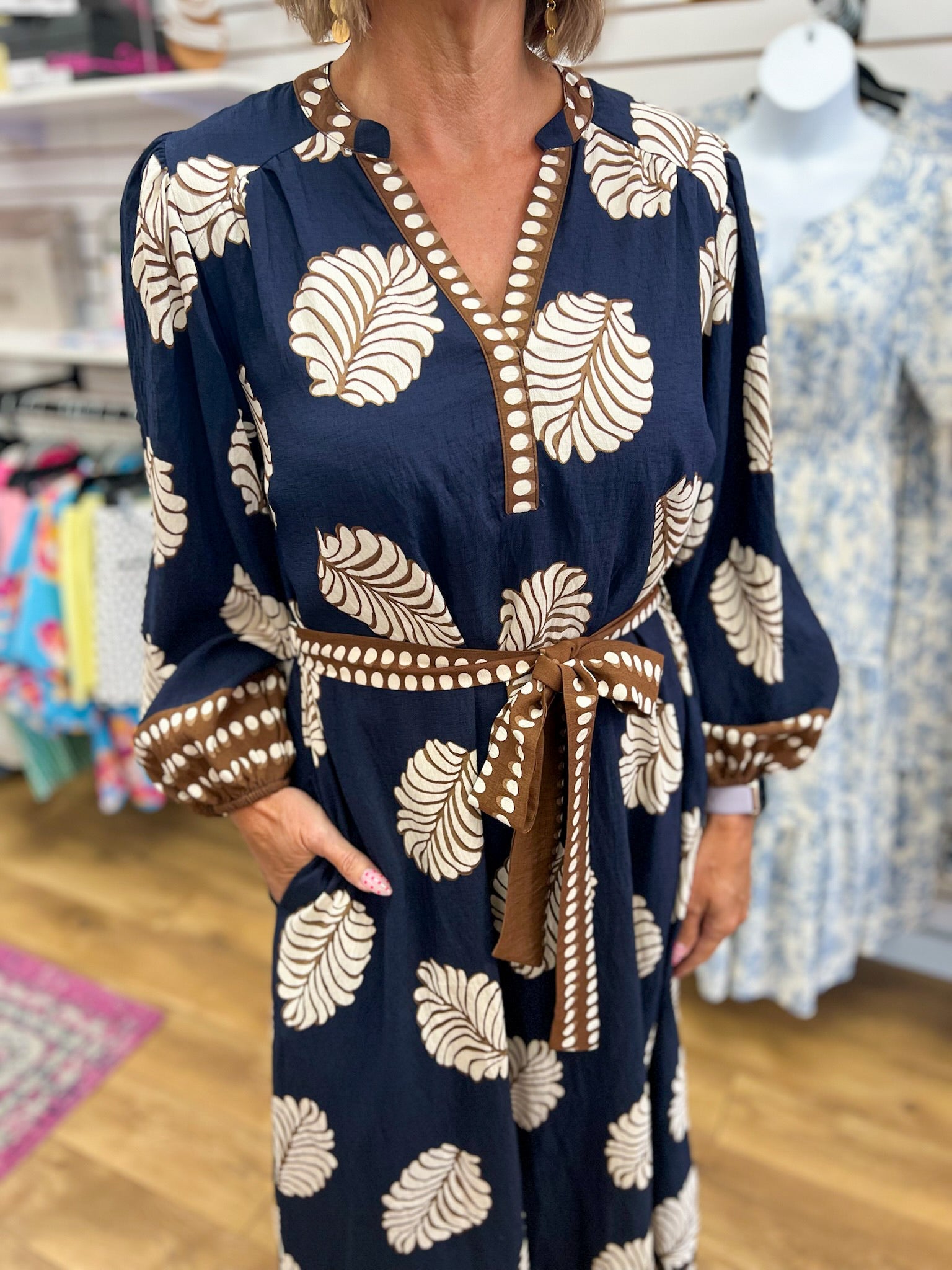 Navy Leaf Print Midi Dress with Tie Belt - A'Bekah's Boutique