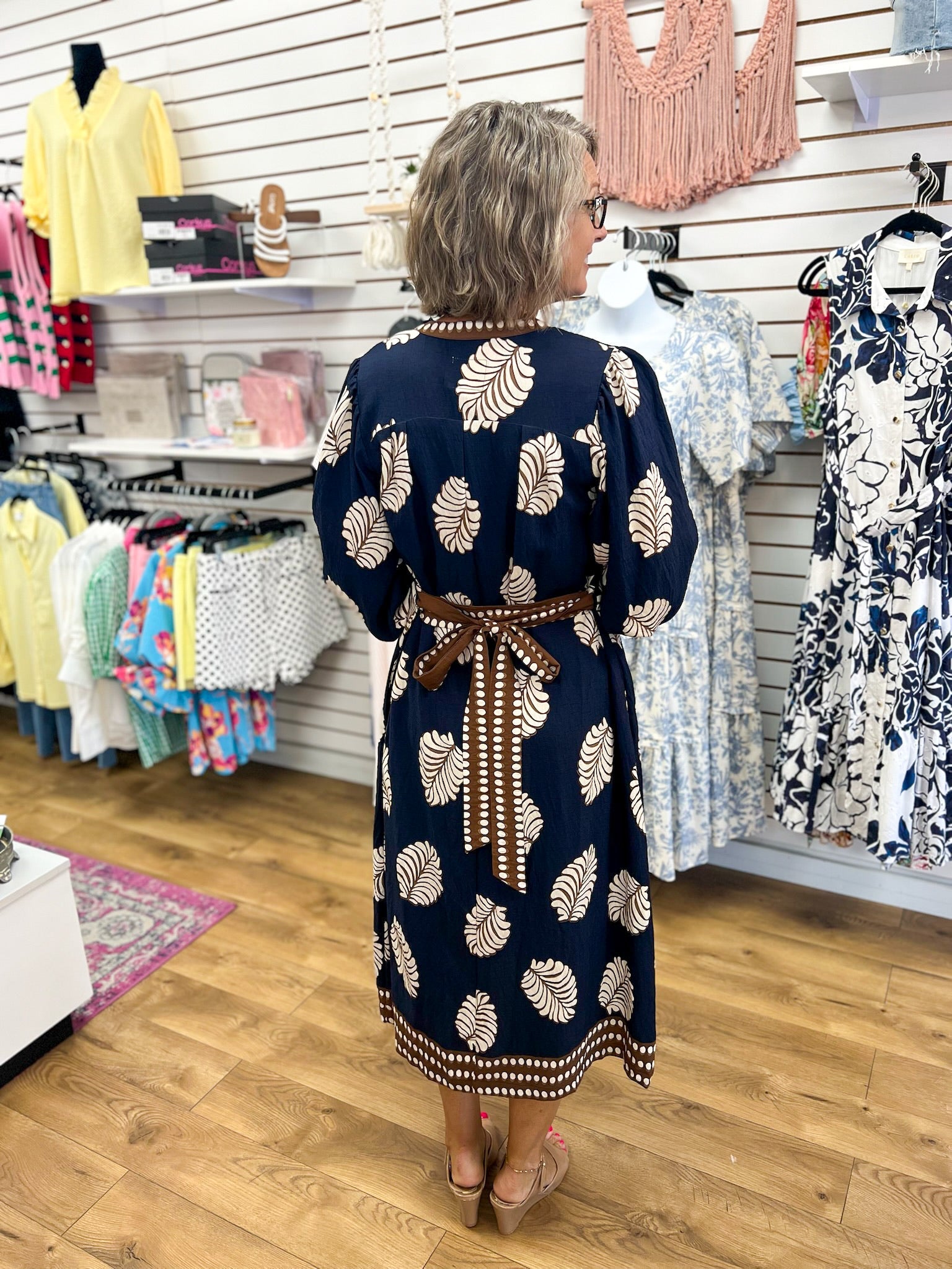 Navy Leaf Print Midi Dress with Tie Belt - A'Bekah's Boutique