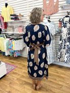 Navy Leaf Print Midi Dress with Tie Belt - A'Bekah's Boutique