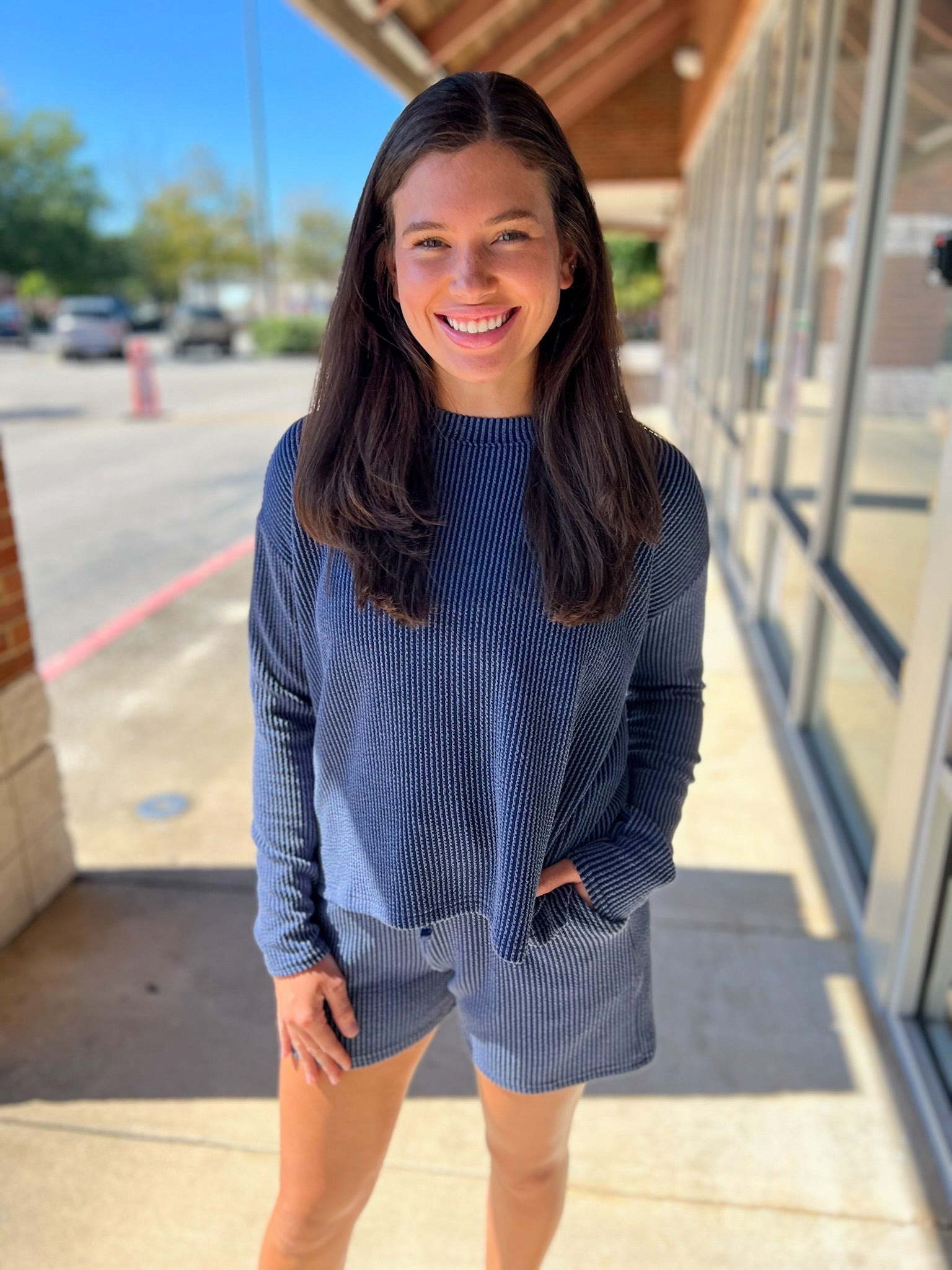 Navy Long Sleeve Ribbed Short Set - A'Bekah's Boutique