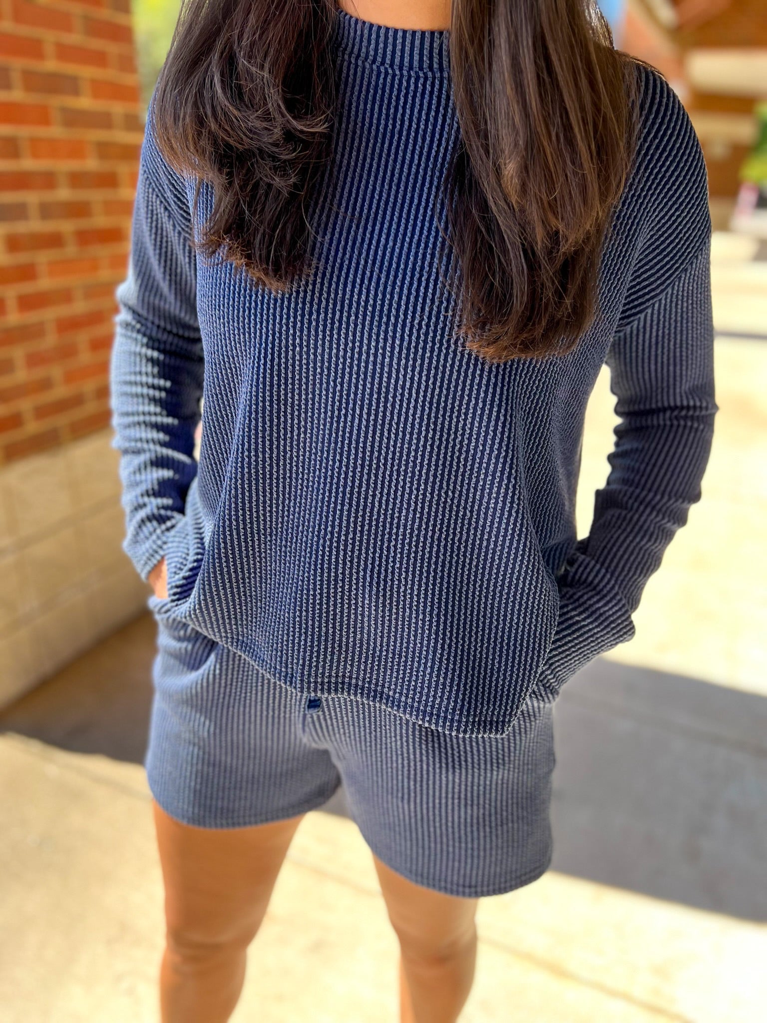 Navy Long Sleeve Ribbed Short Set - A'Bekah's Boutique